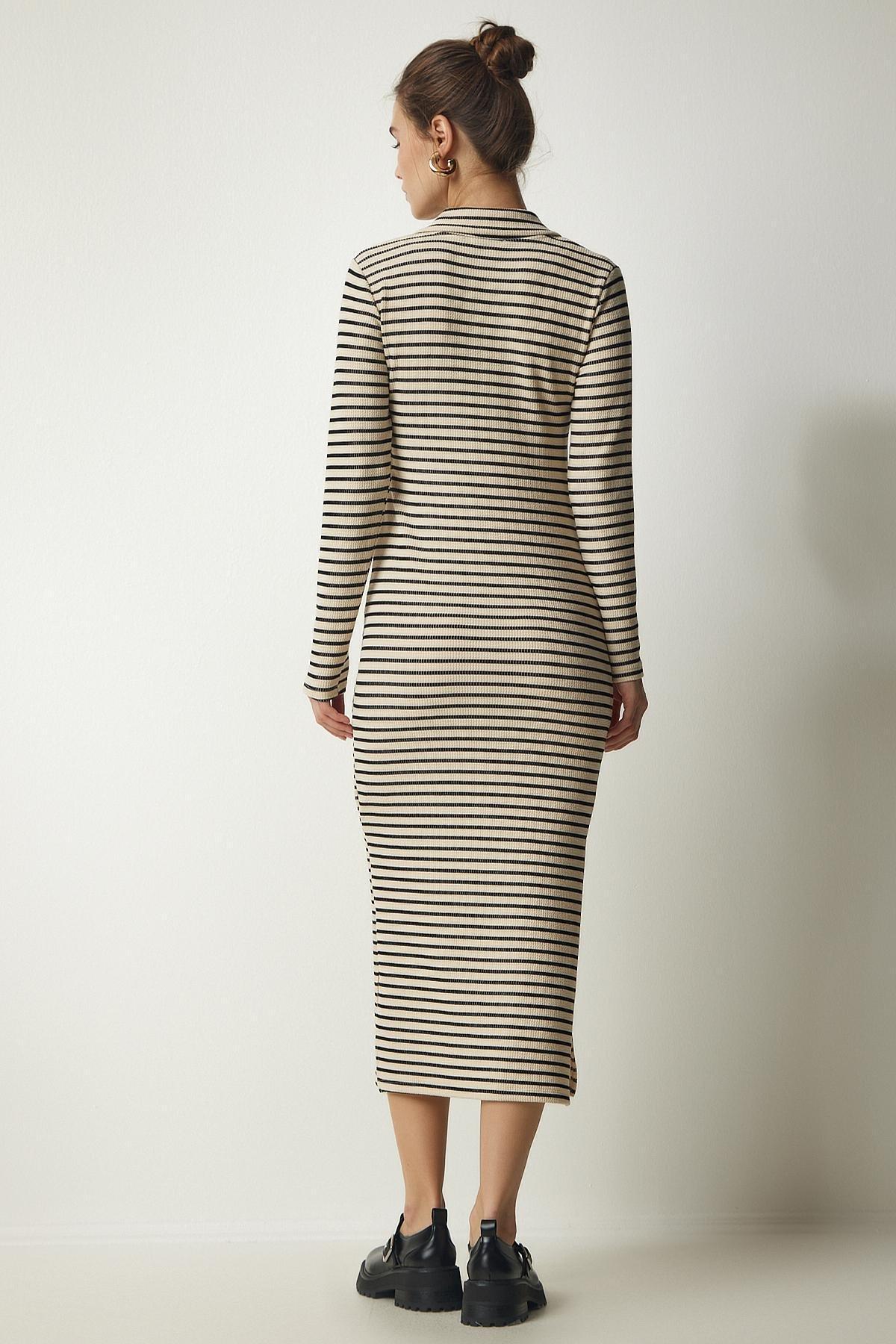 Beige Polo Neck Striped Camisole Dress, , large image number 4