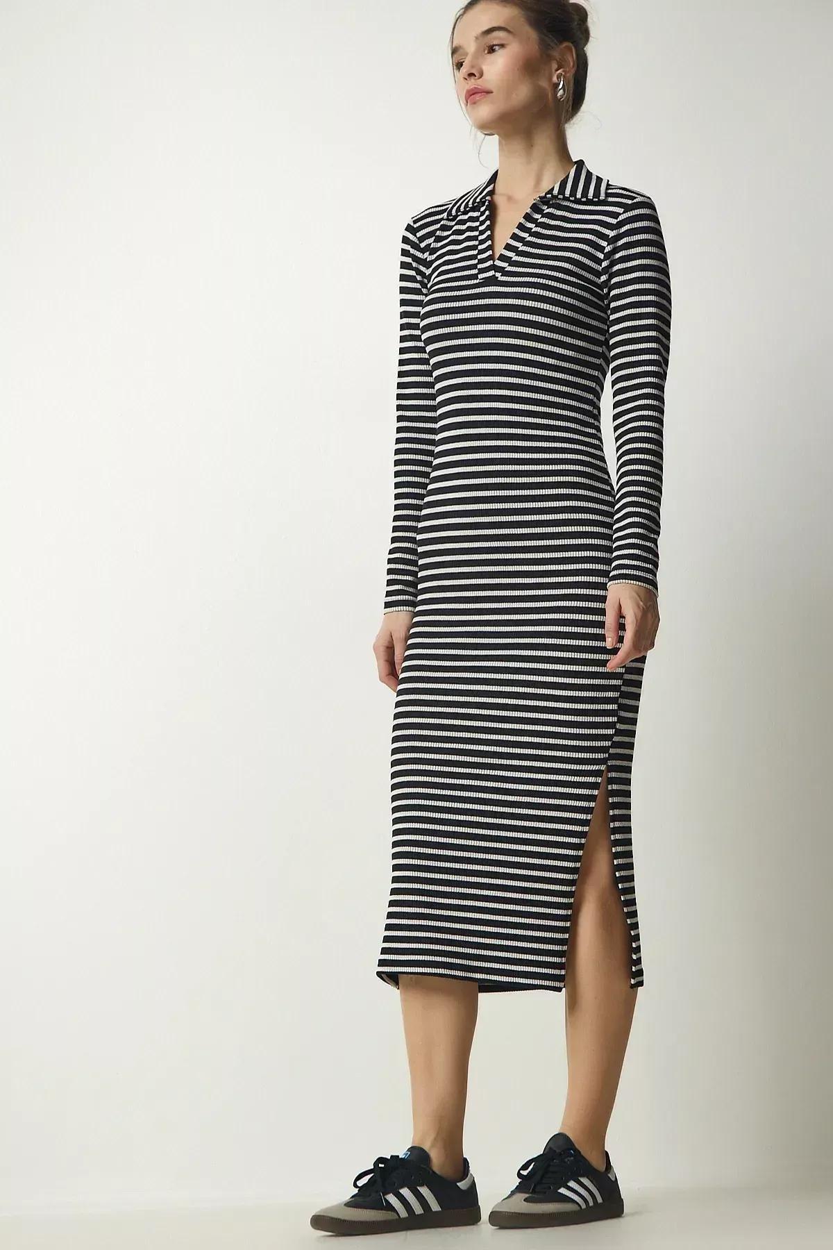 Black Polo Neck Striped Camisole Dress, , medium