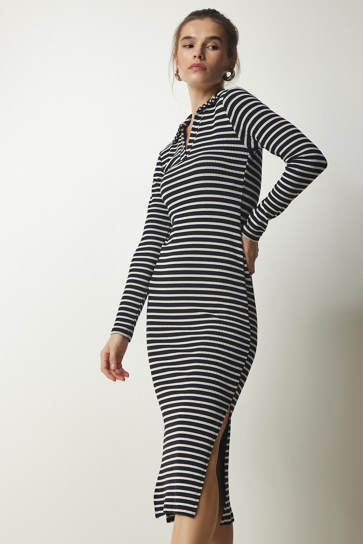 Black Polo Neck Striped Camisole Dress, , large image number 1