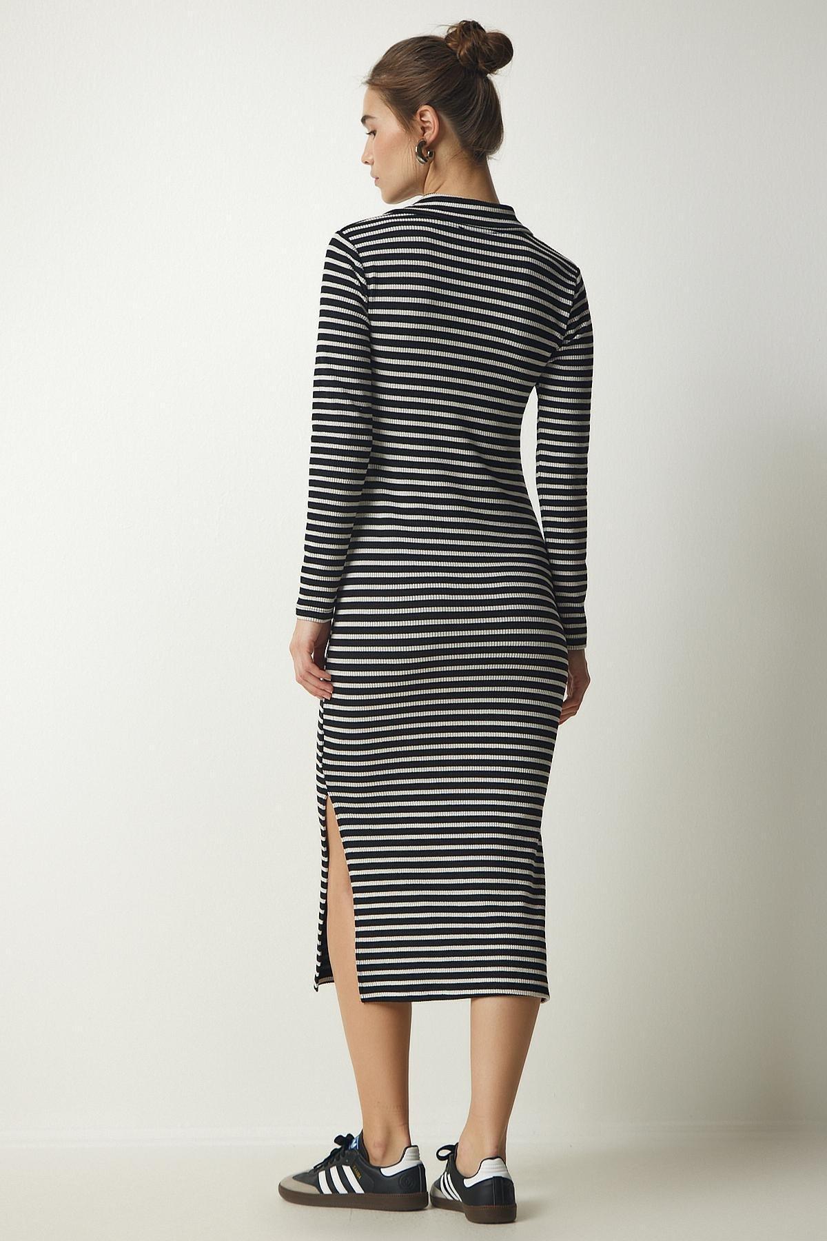 Black Polo Neck Striped Camisole Dress, , large image number 3
