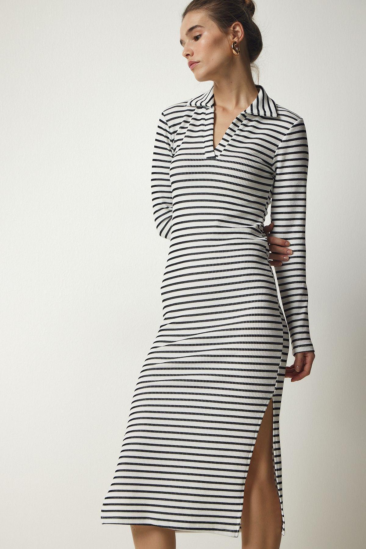 White Polo Neck Striped Dress, , medium