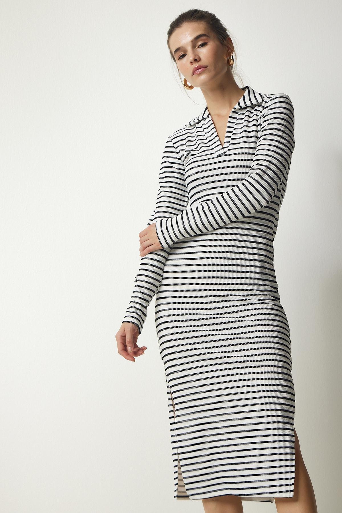 White Polo Neck Striped Dress, , large image number 1