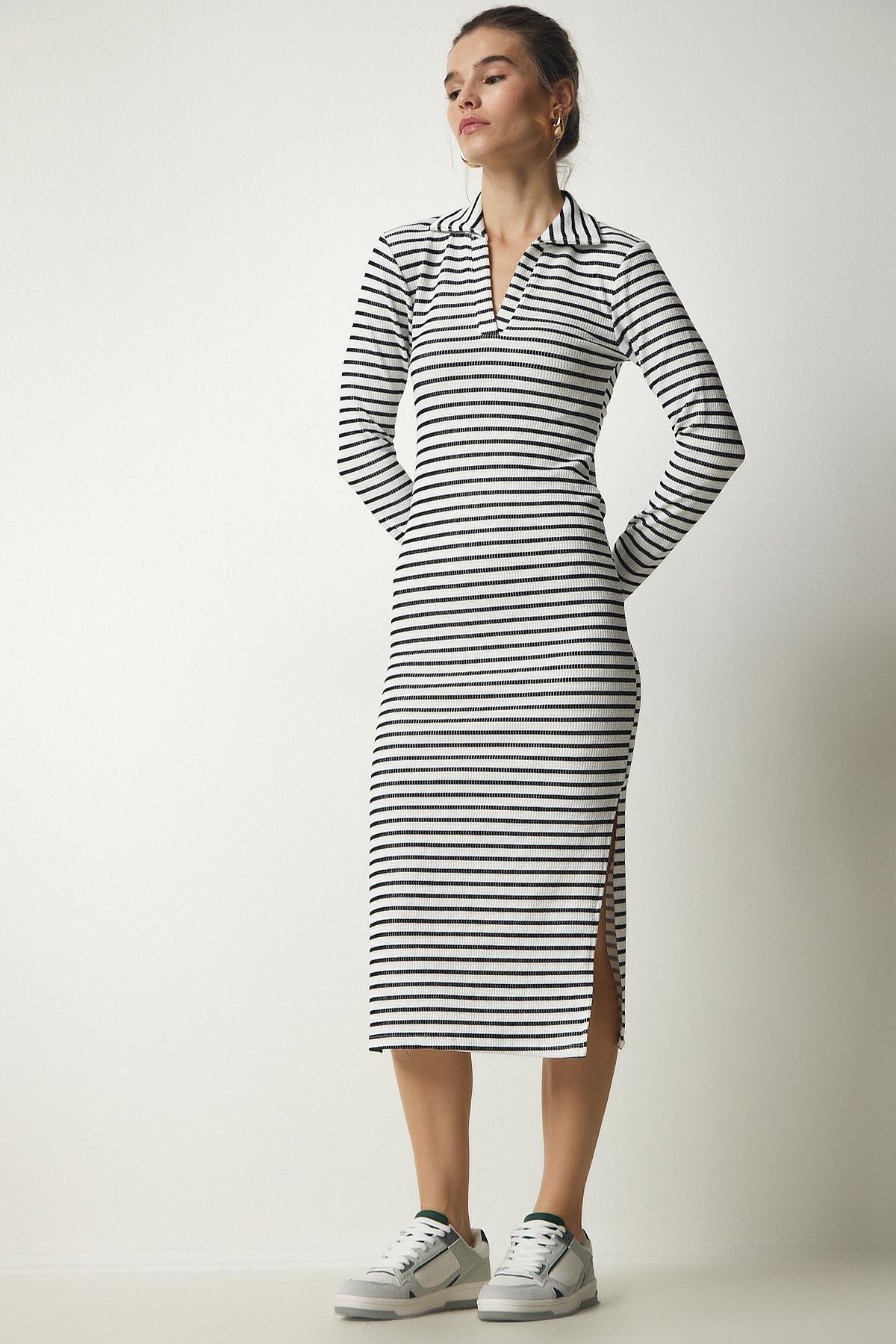 White Polo Neck Striped Dress, , large image number 2