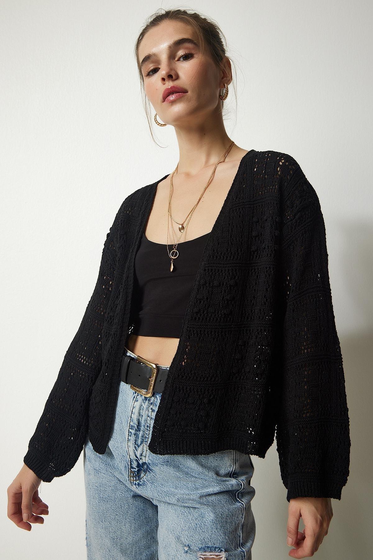 Black Openwork Cardigan, BLACK, large image number 0