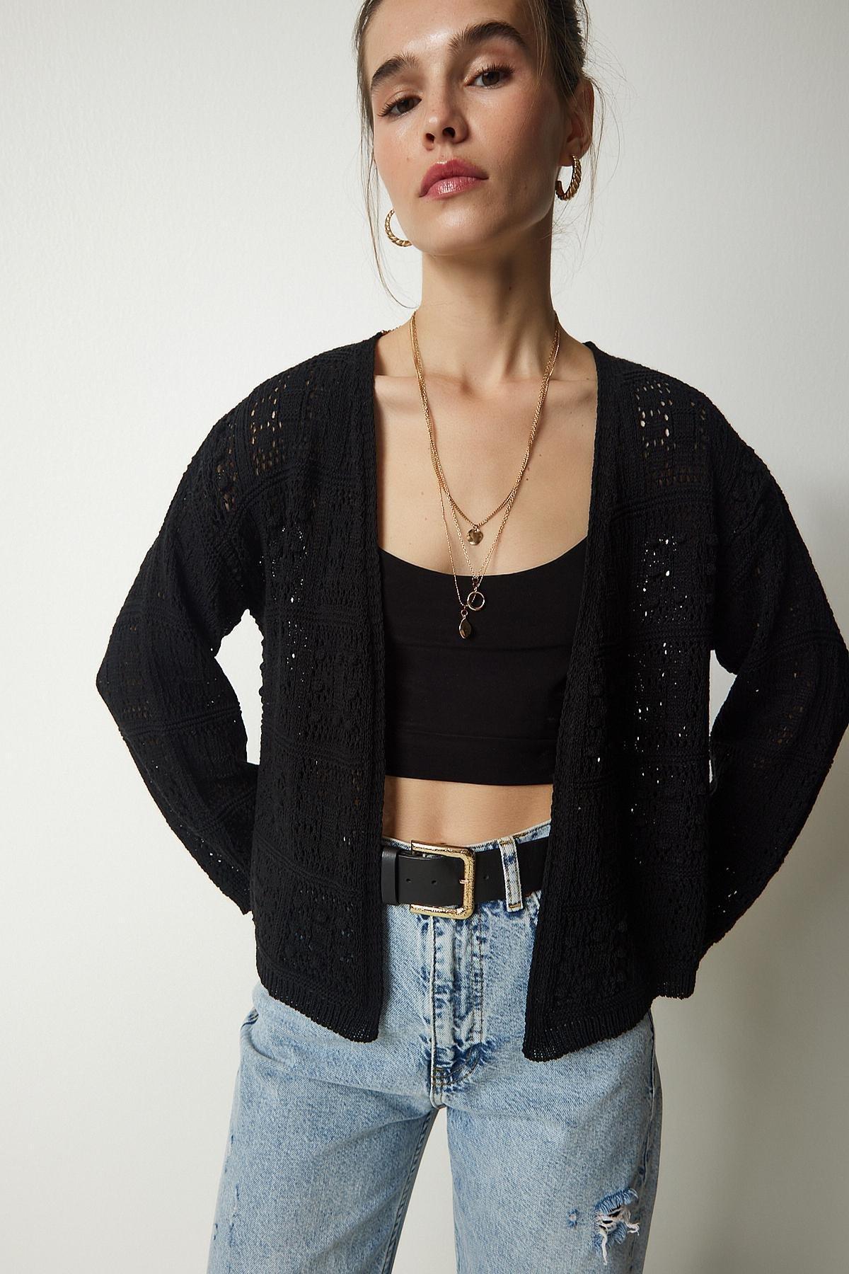 Black Openwork Cardigan, BLACK, large image number 1