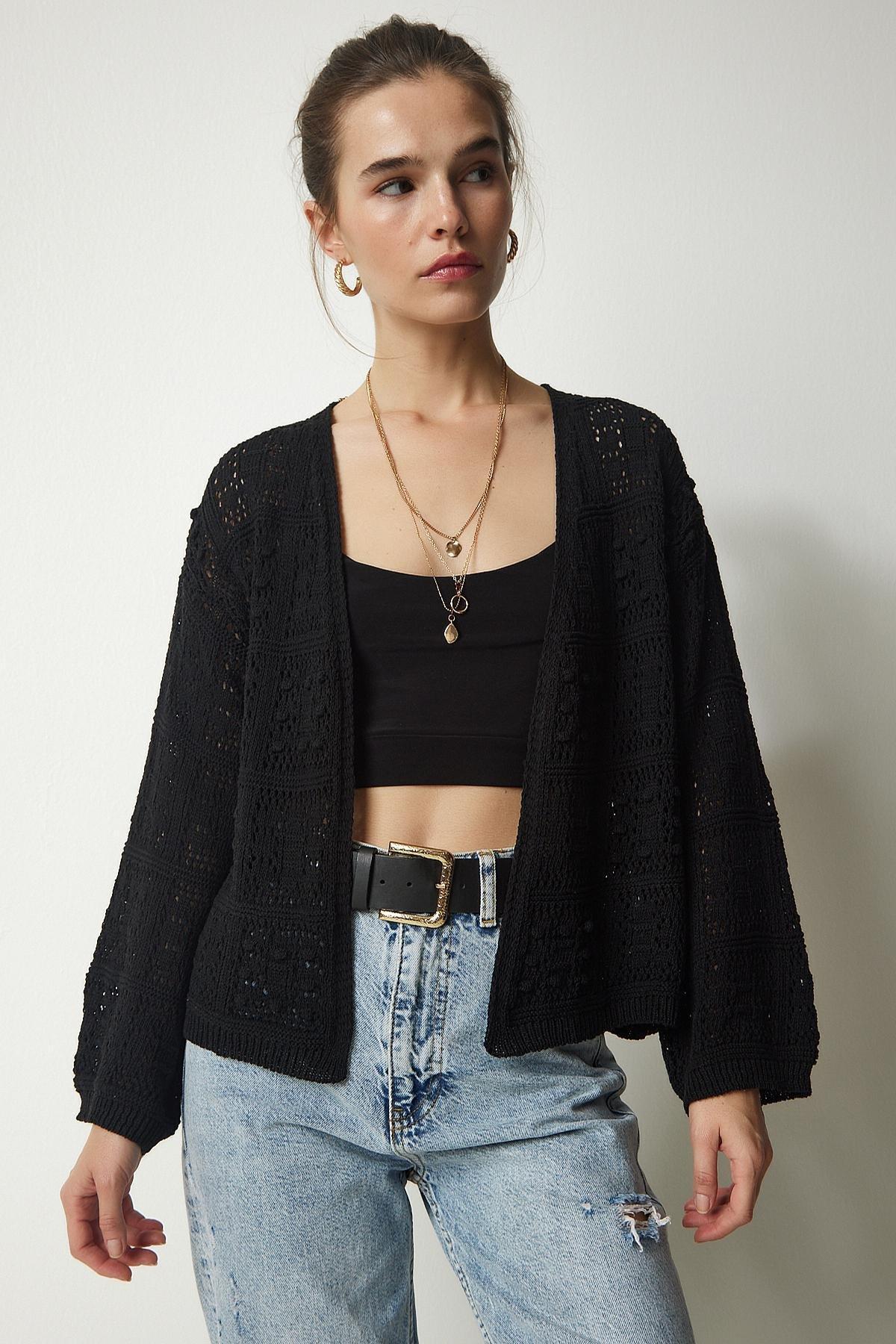 Black Openwork Cardigan, BLACK, large image number 2