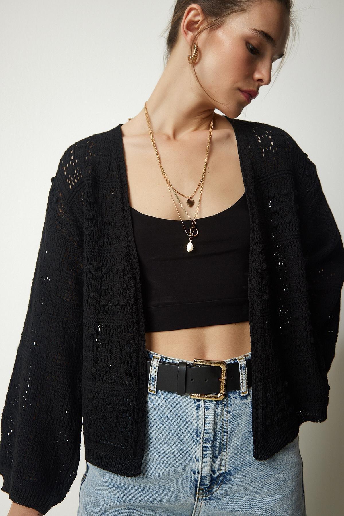 Black Openwork Cardigan, BLACK, large image number 3