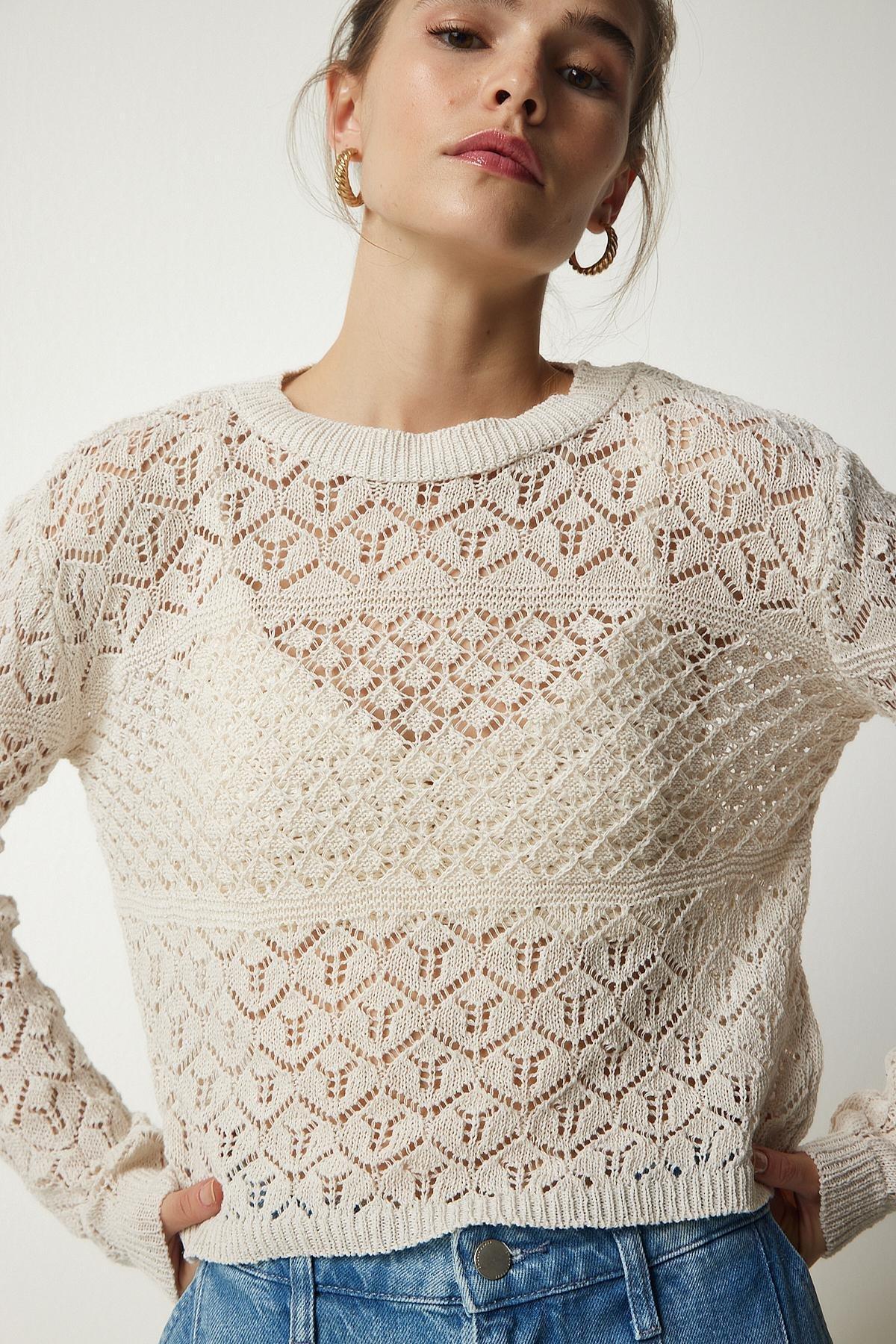 Cream Openwork Knitwear Sweater, Cream, large image number 0