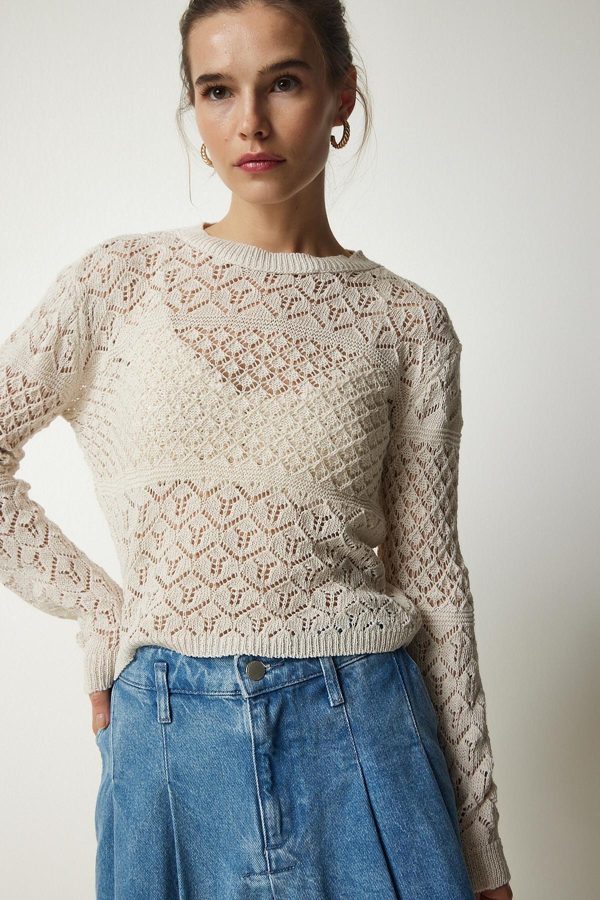 Cream Openwork Knitwear Sweater, Cream, large image number 2