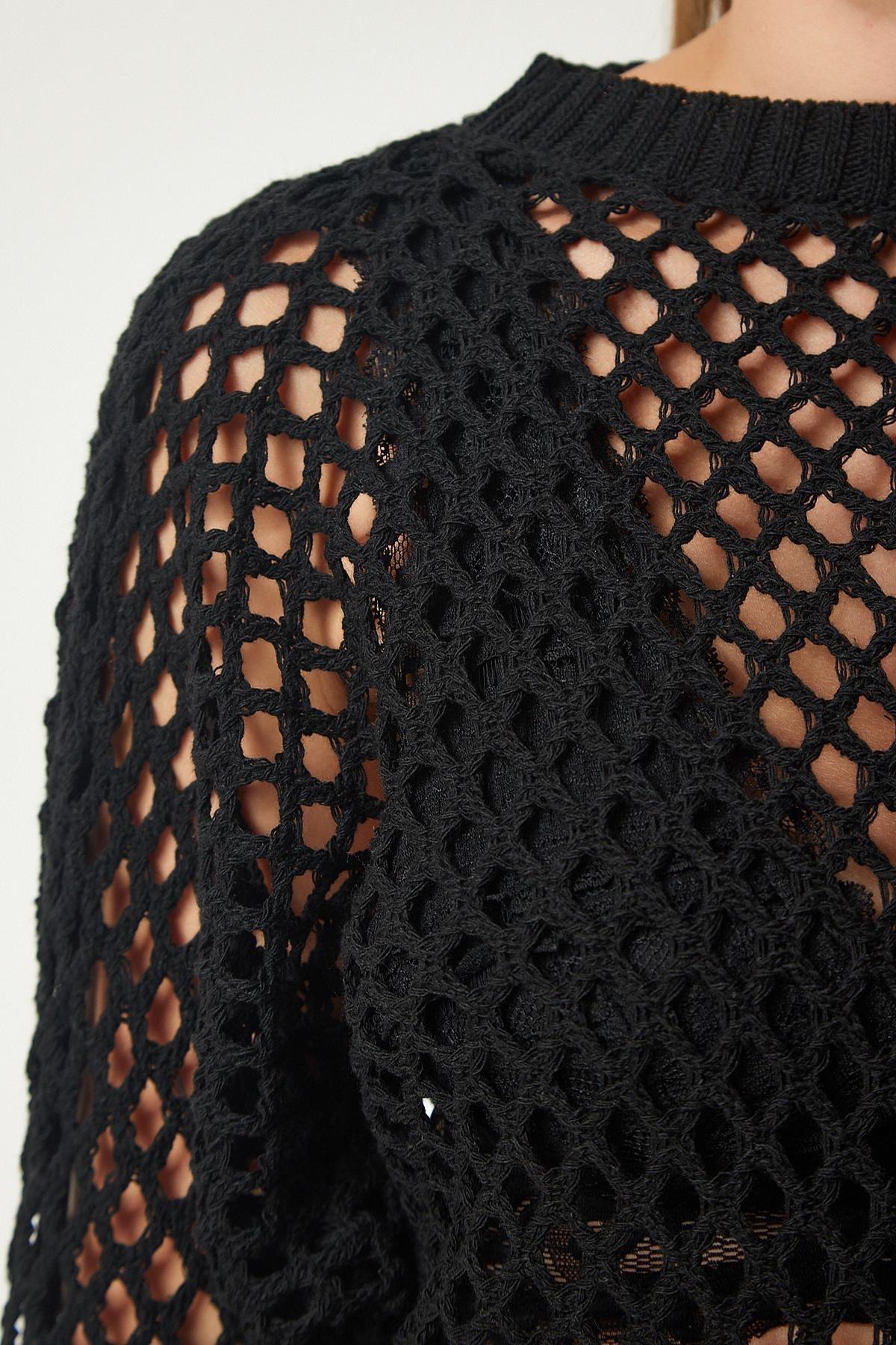 Black Bat Sleeve Openwork Sweater, BLACK, large image number 2