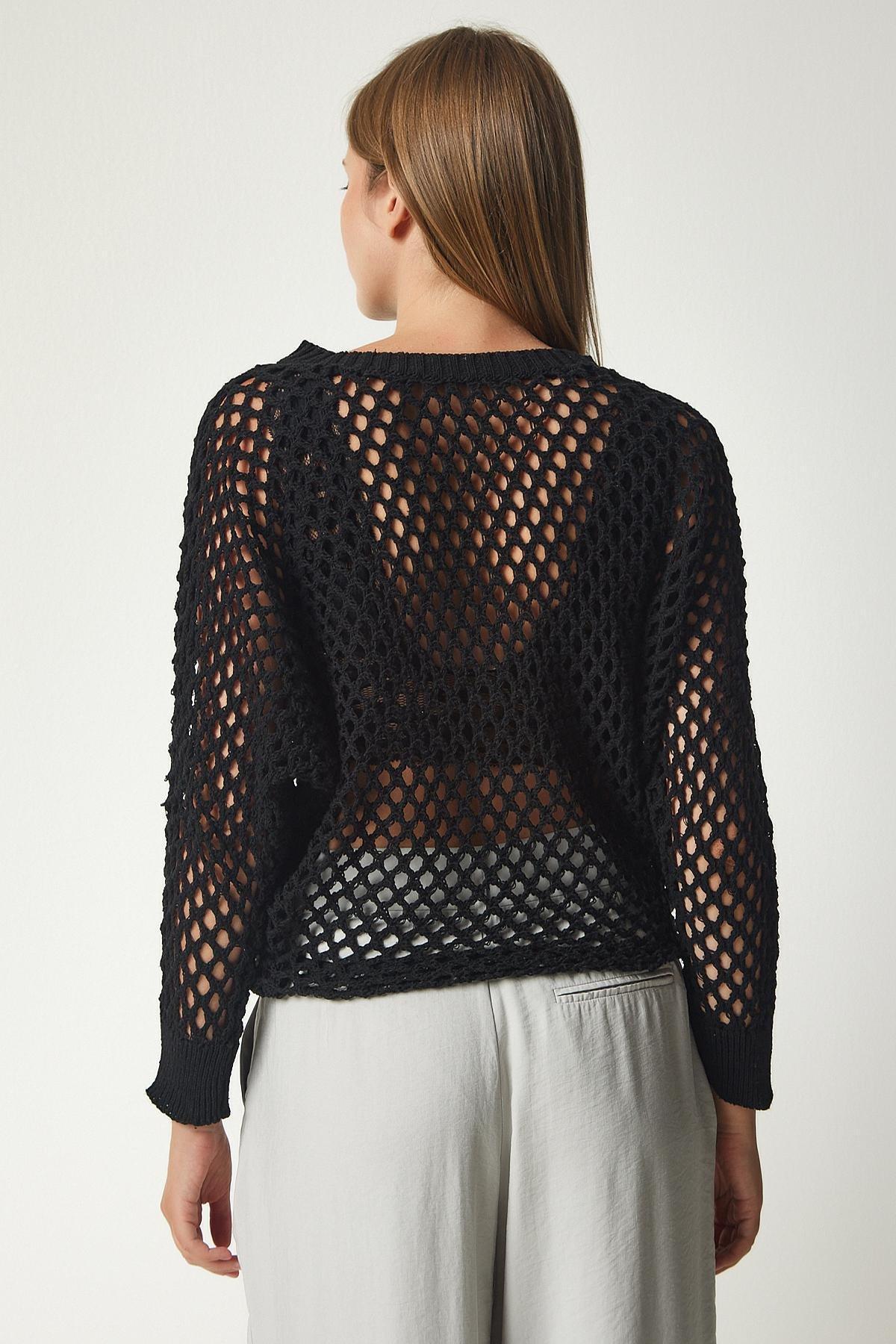 Black Bat Sleeve Openwork Sweater, BLACK, large image number 3