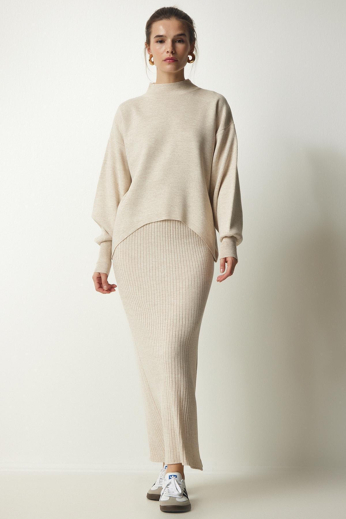 Beige Ribbed Knitwear Sweater Dress, Beige, large image number 0