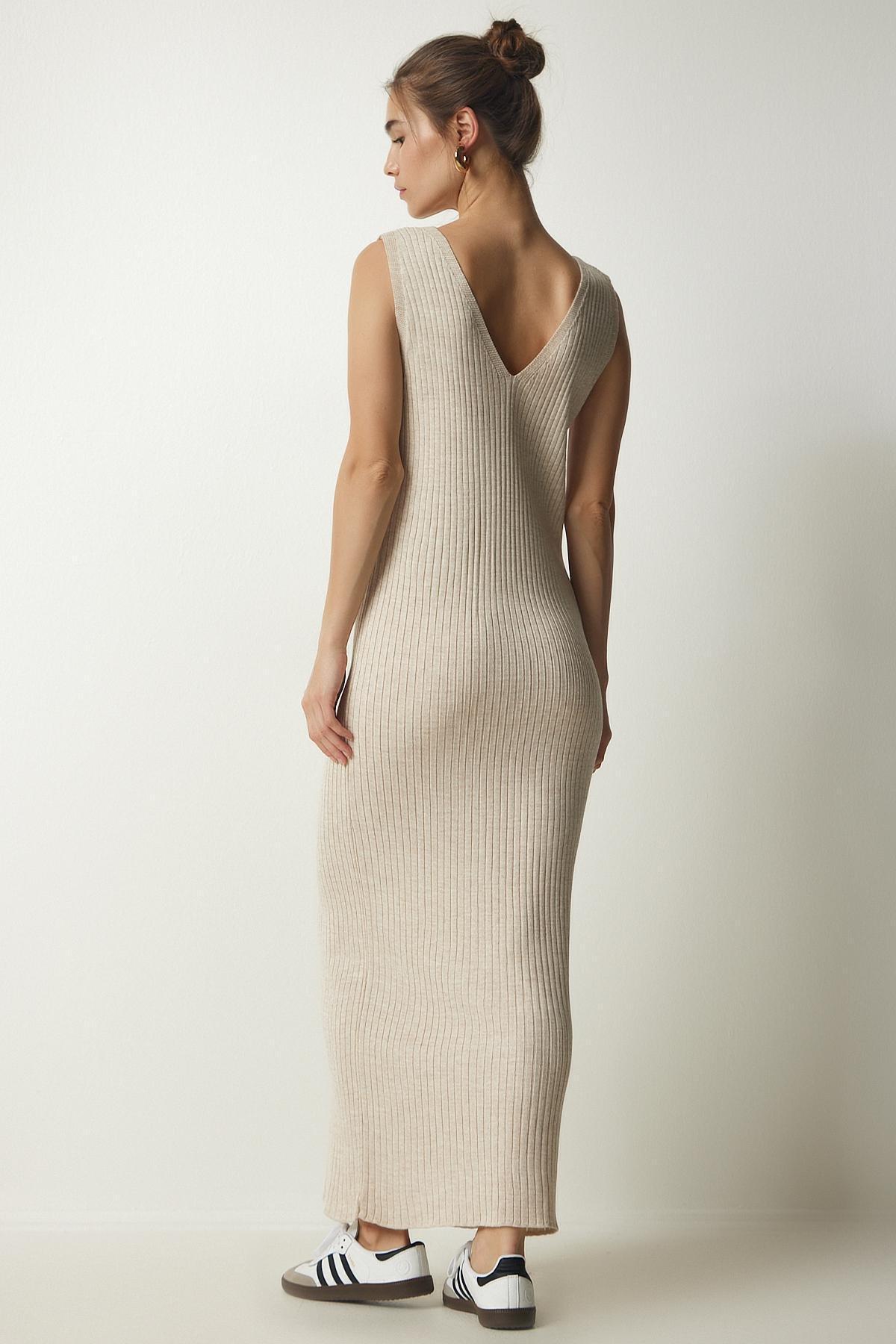 Beige Ribbed Knitwear Sweater Dress, Beige, large image number 3