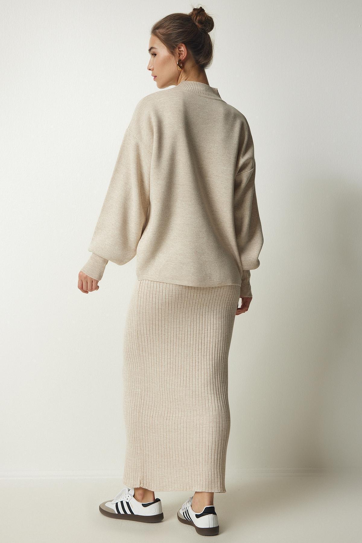 Beige Ribbed Knitwear Sweater Dress, Beige, large image number 5