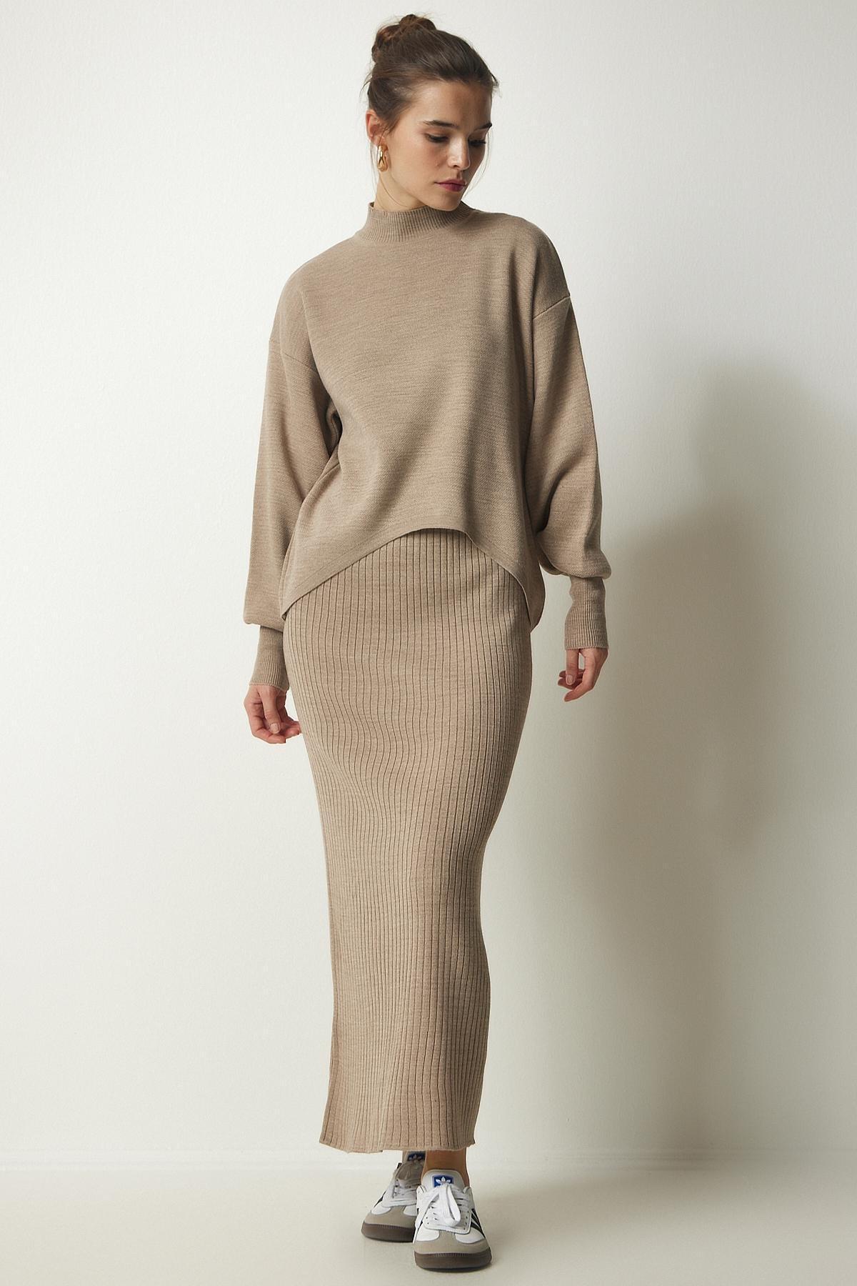 Brown Ribbed Knitwear Sweater Dress, Set Of 2, Mink, large image number 0