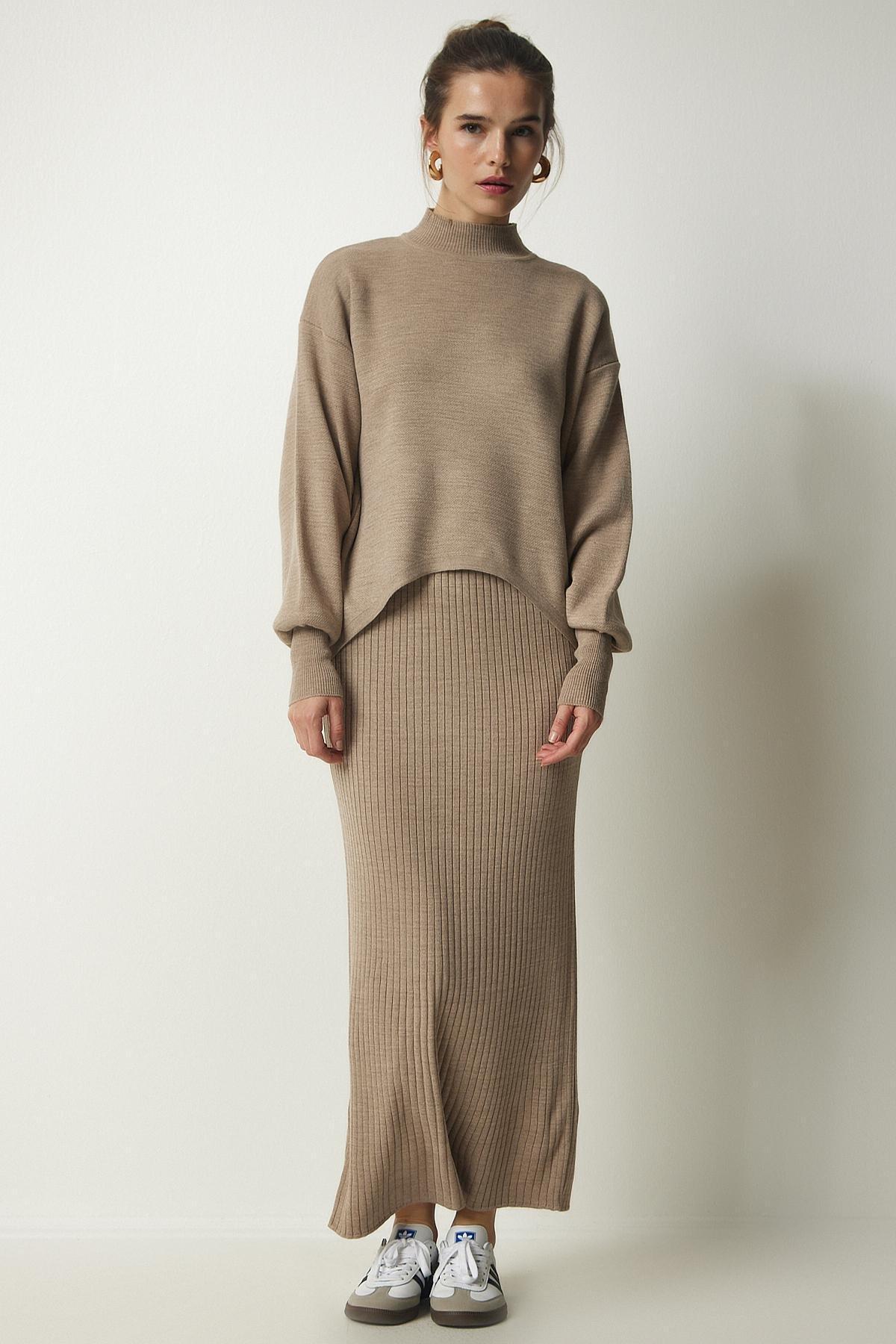 Brown Ribbed Knitwear Sweater Dress, Set Of 2, Mink, large image number 1