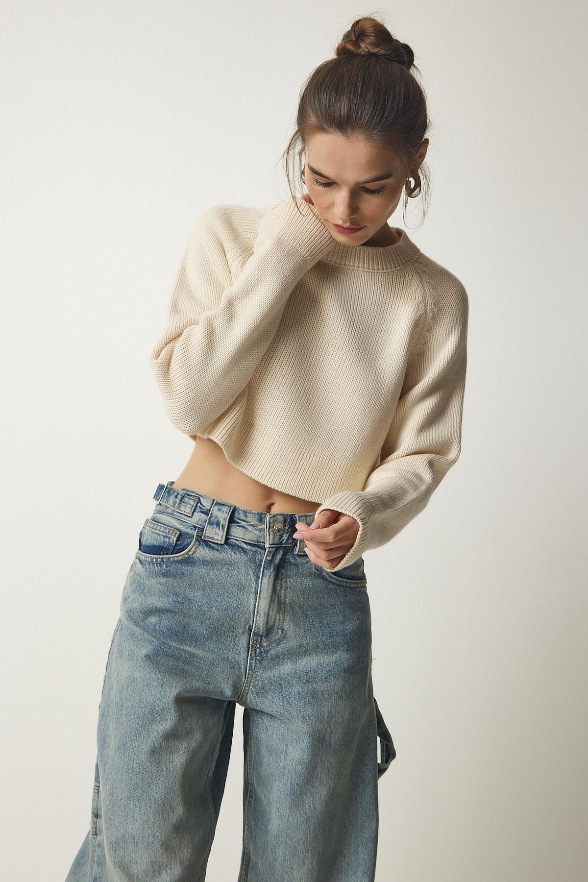 Cream Crew Neck Crop Sweater, Cream, large image number 1