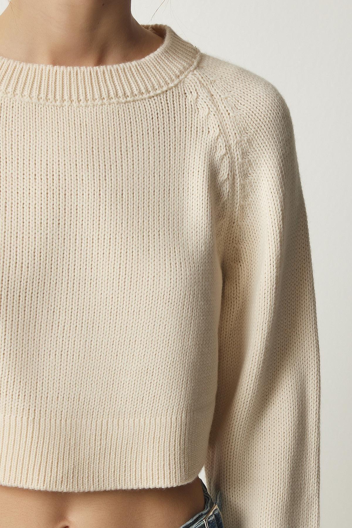 Cream Crew Neck Crop Sweater, Cream, large image number 3