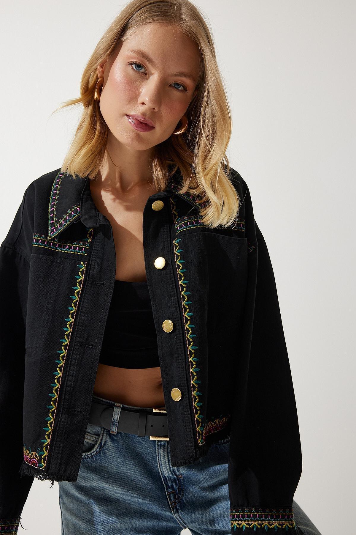 Black Embroidered Oversized Denim Jacket, , large image number 0