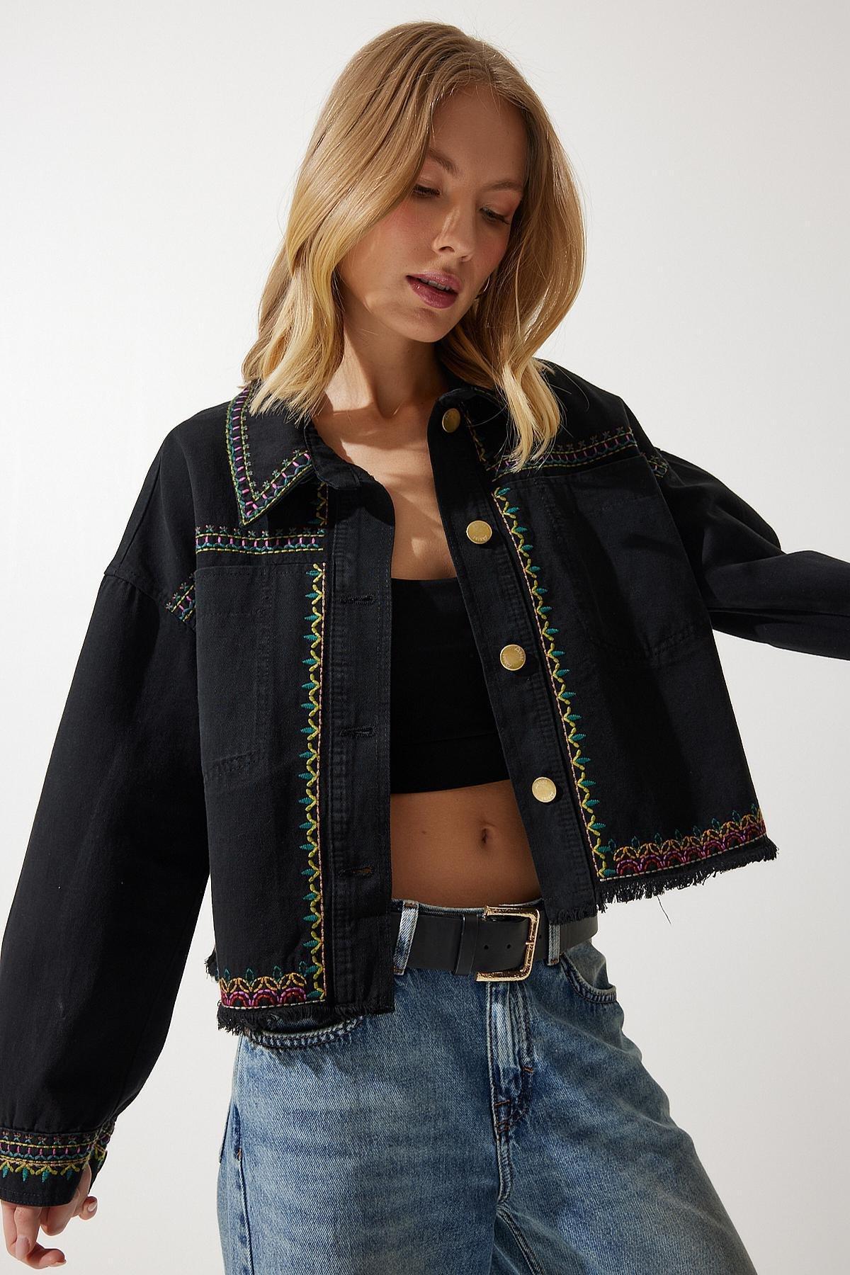 Black Embroidered Oversized Denim Jacket, , large image number 1