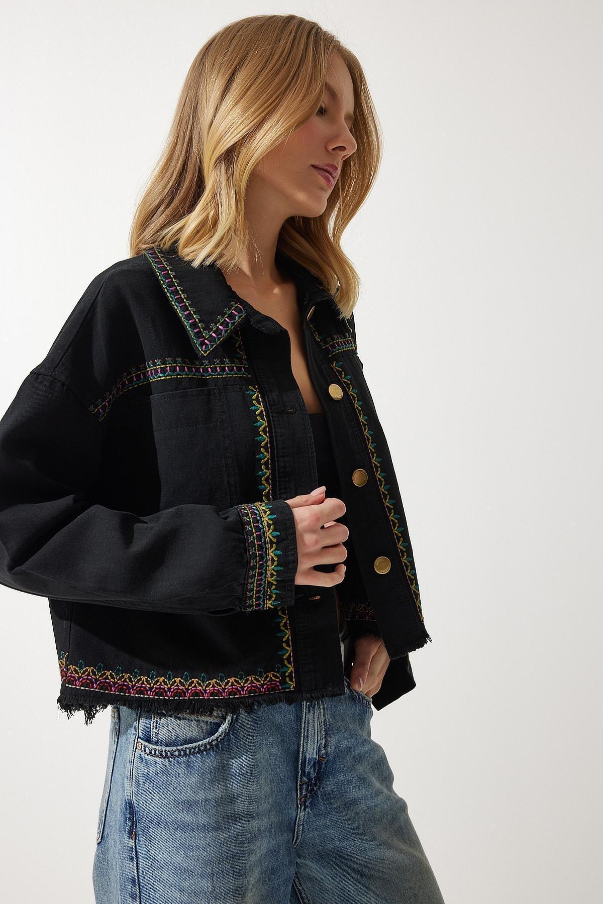 Black Embroidered Oversized Denim Jacket, , large image number 2