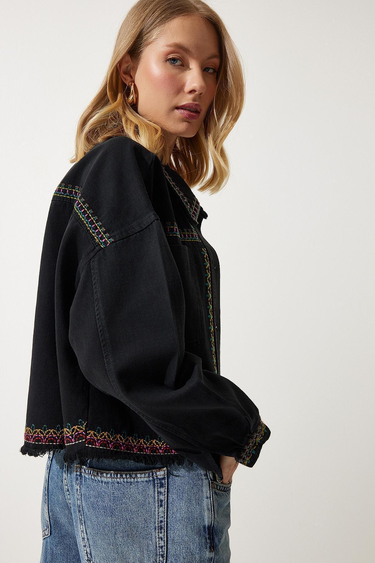 Black Embroidered Oversized Denim Jacket, , large image number 3