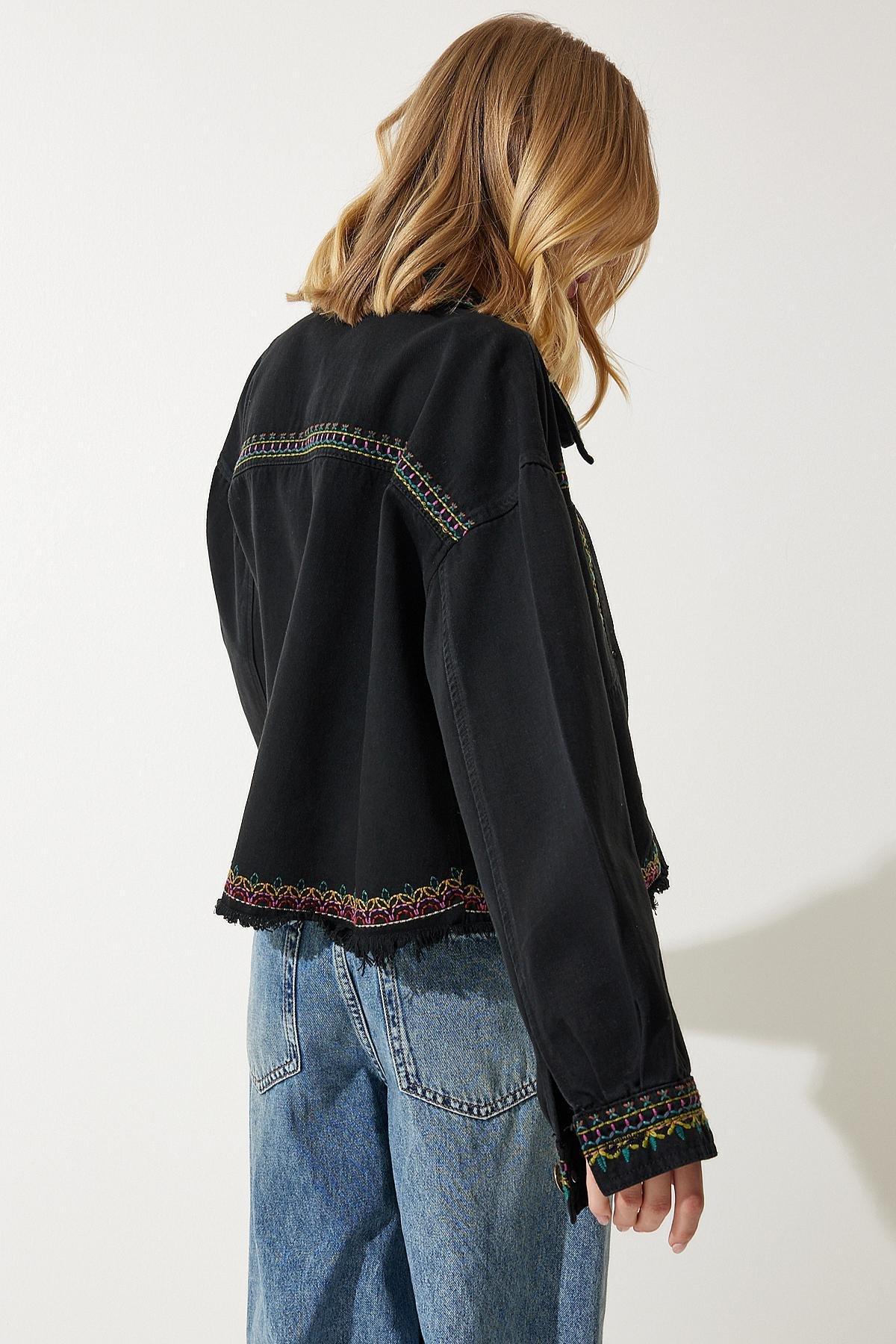 Black Embroidered Oversized Denim Jacket, , large image number 4