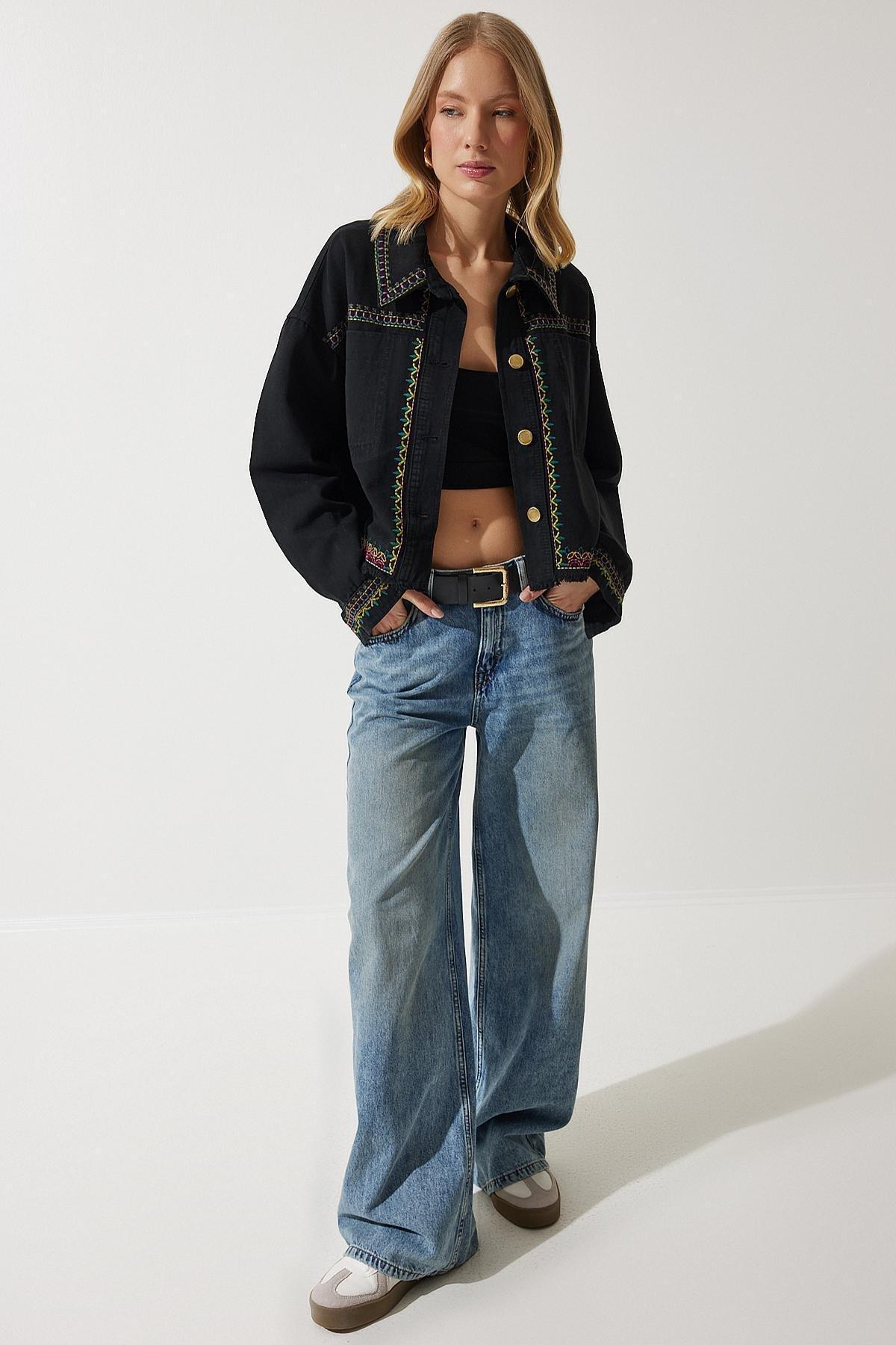 Black Embroidered Oversized Denim Jacket, , large image number 5