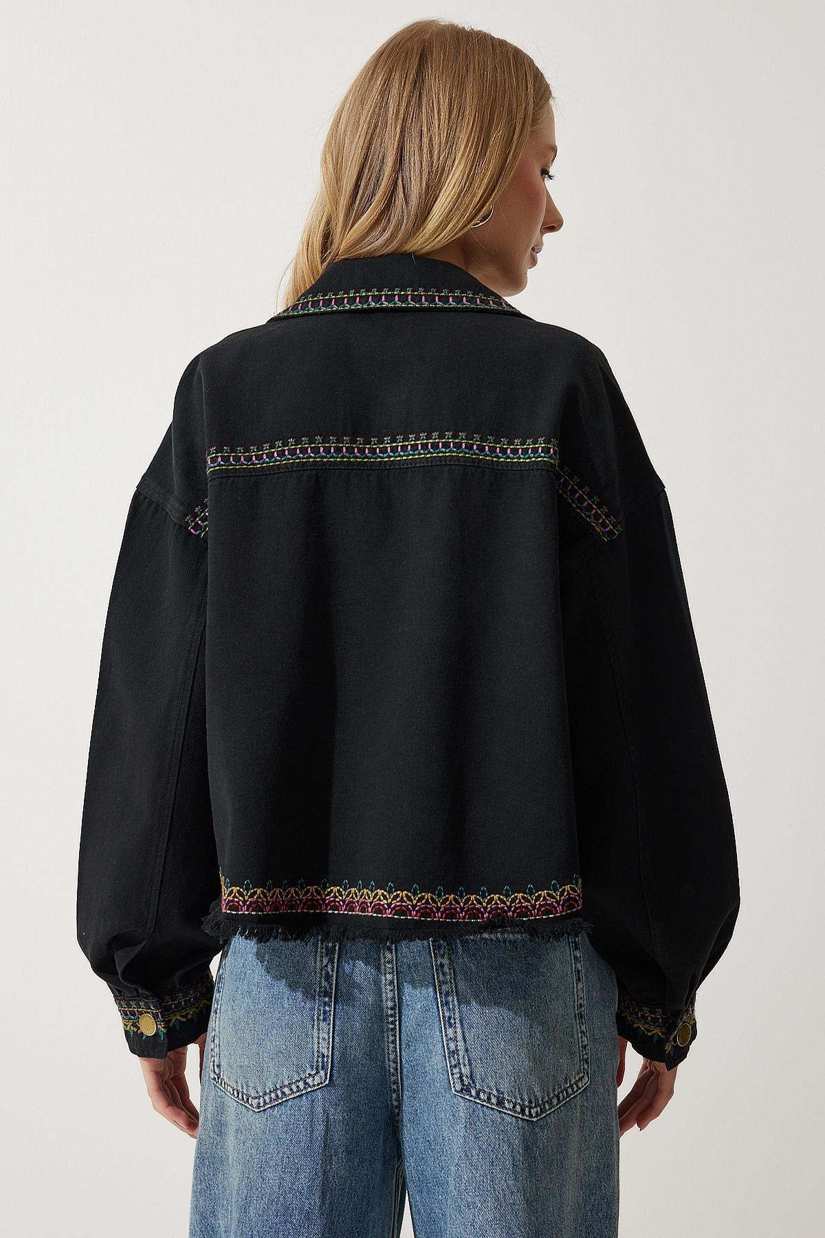 Black Embroidered Oversized Denim Jacket, , large image number 6
