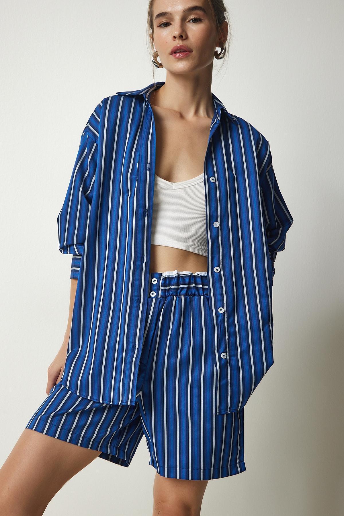 Blue Striped Satin Surface Co-Ord Set, , large image number 0