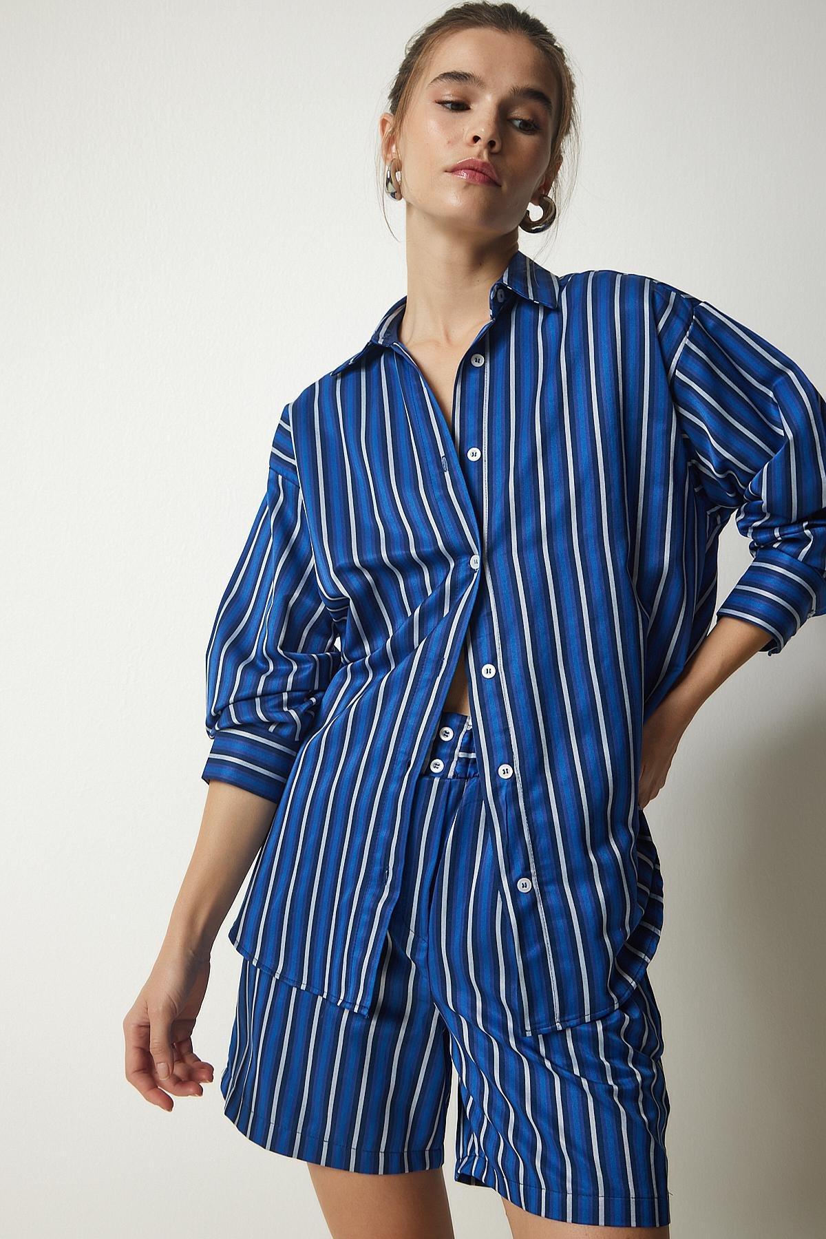 Blue Striped Satin Surface Co-Ord Set, , large image number 1