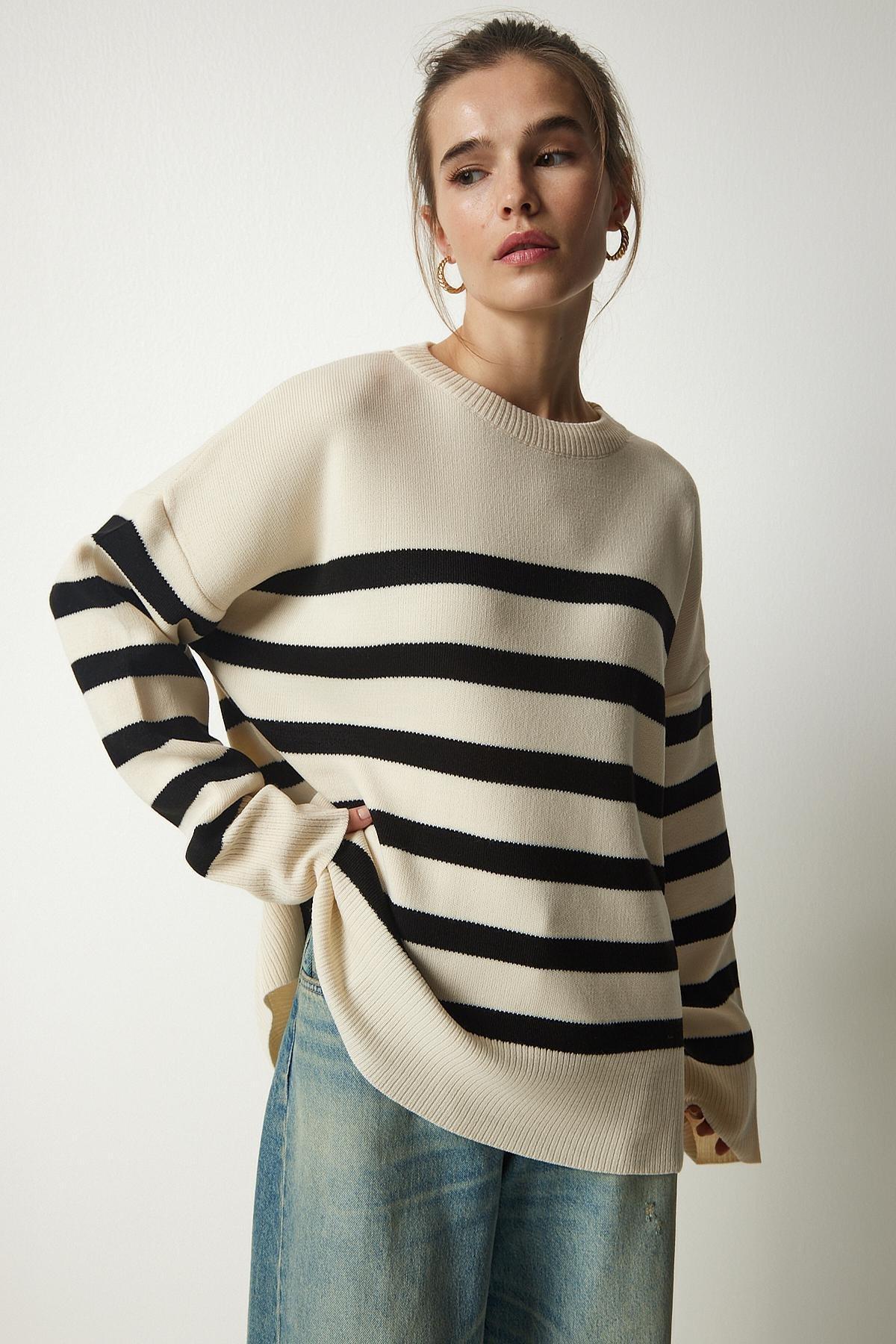 Black Striped Oversize Knitwear Sweater, Bone Black, large image number 0