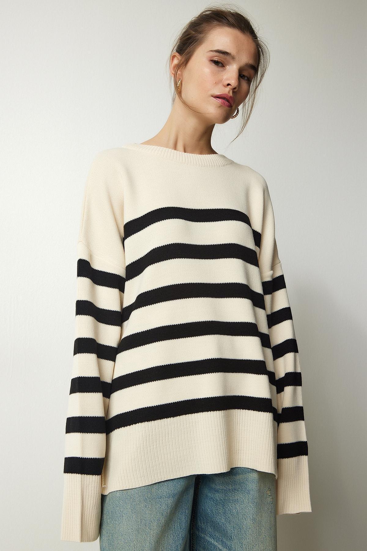 Black Striped Oversize Knitwear Sweater, Bone Black, large image number 1