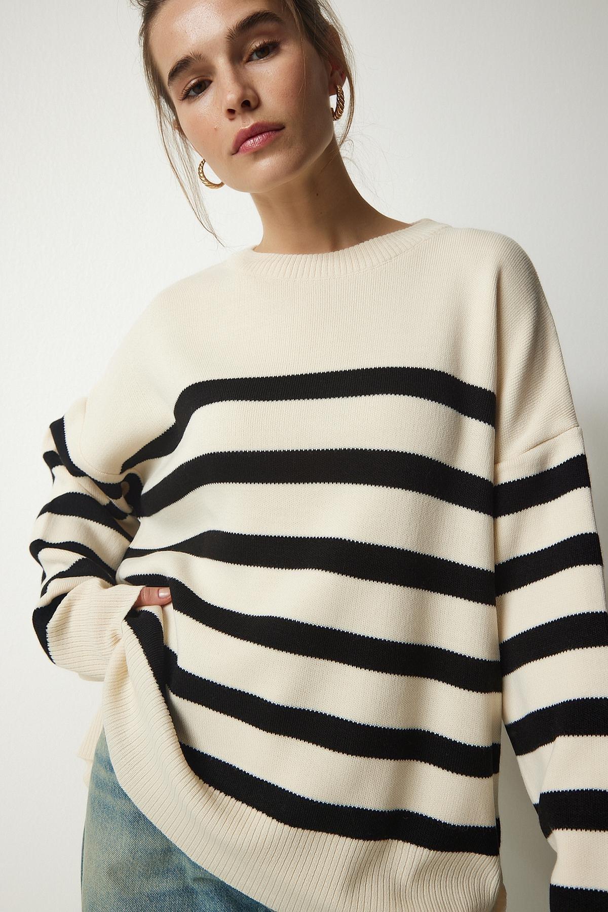 Black Striped Oversize Knitwear Sweater, Bone Black, large image number 2