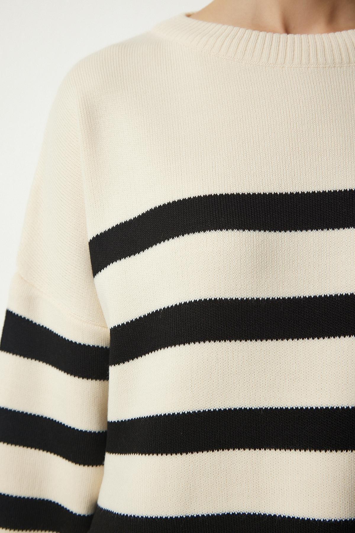 Black Striped Oversize Knitwear Sweater, Bone Black, large image number 3