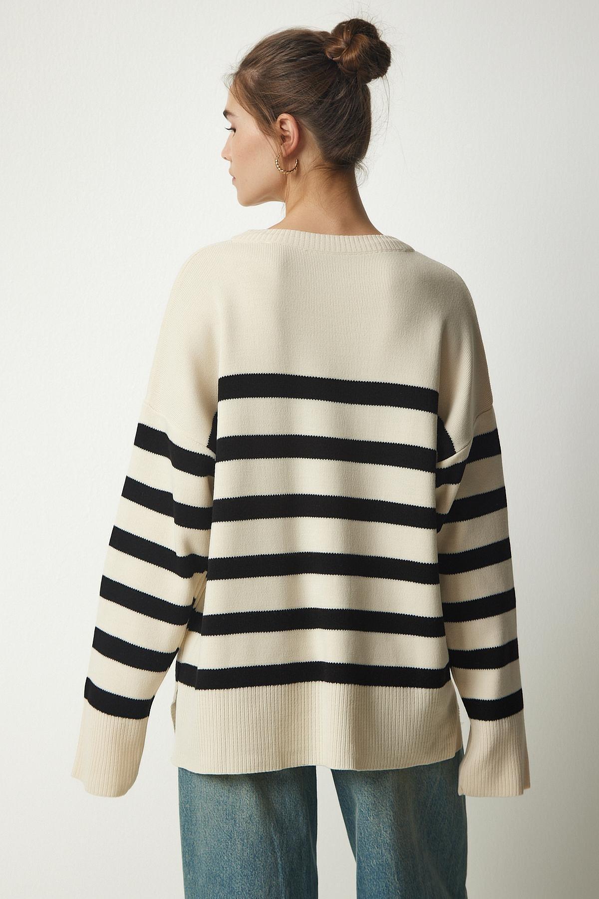 Black Striped Oversize Knitwear Sweater, Bone Black, large image number 4