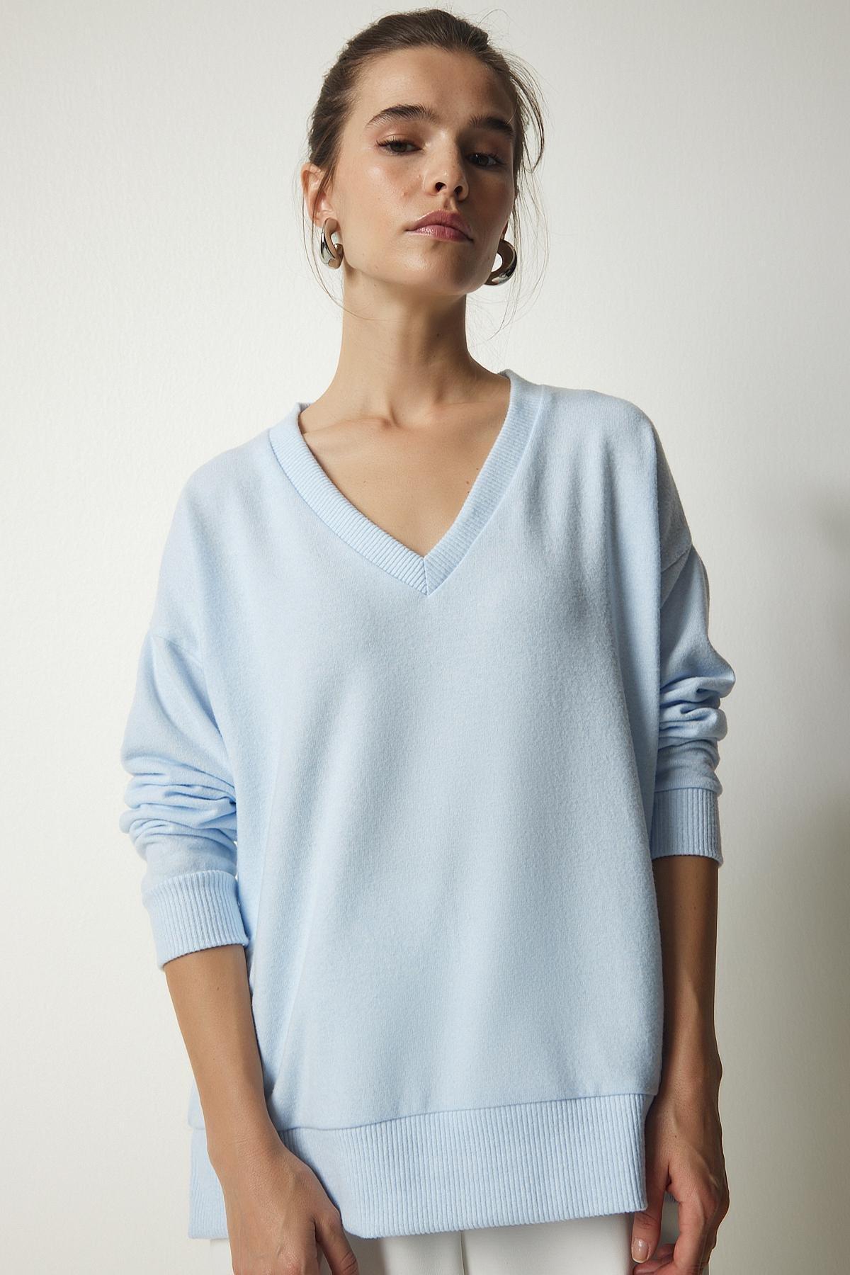 Blue V-Neck Fluffy Knitted Sweater, , large image number 0
