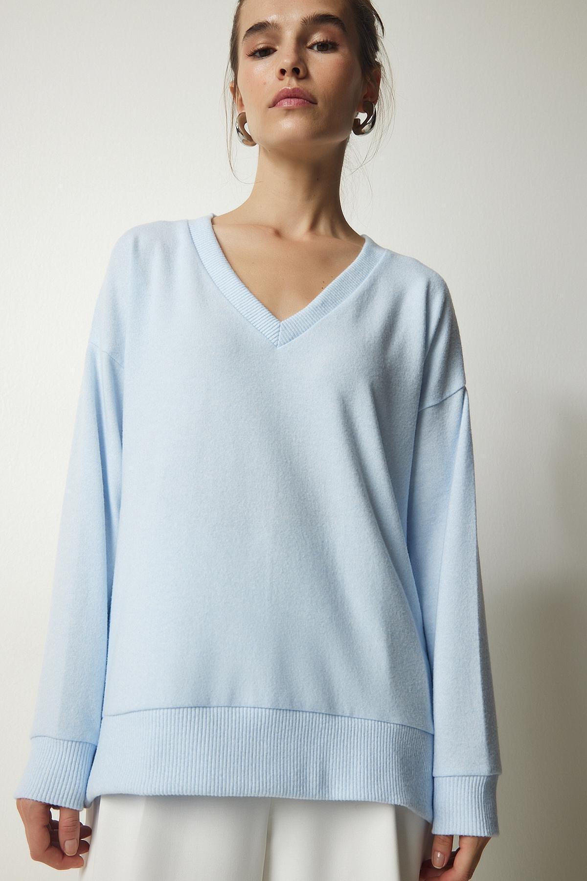 Blue V-Neck Fluffy Knitted Sweater, , large image number 1