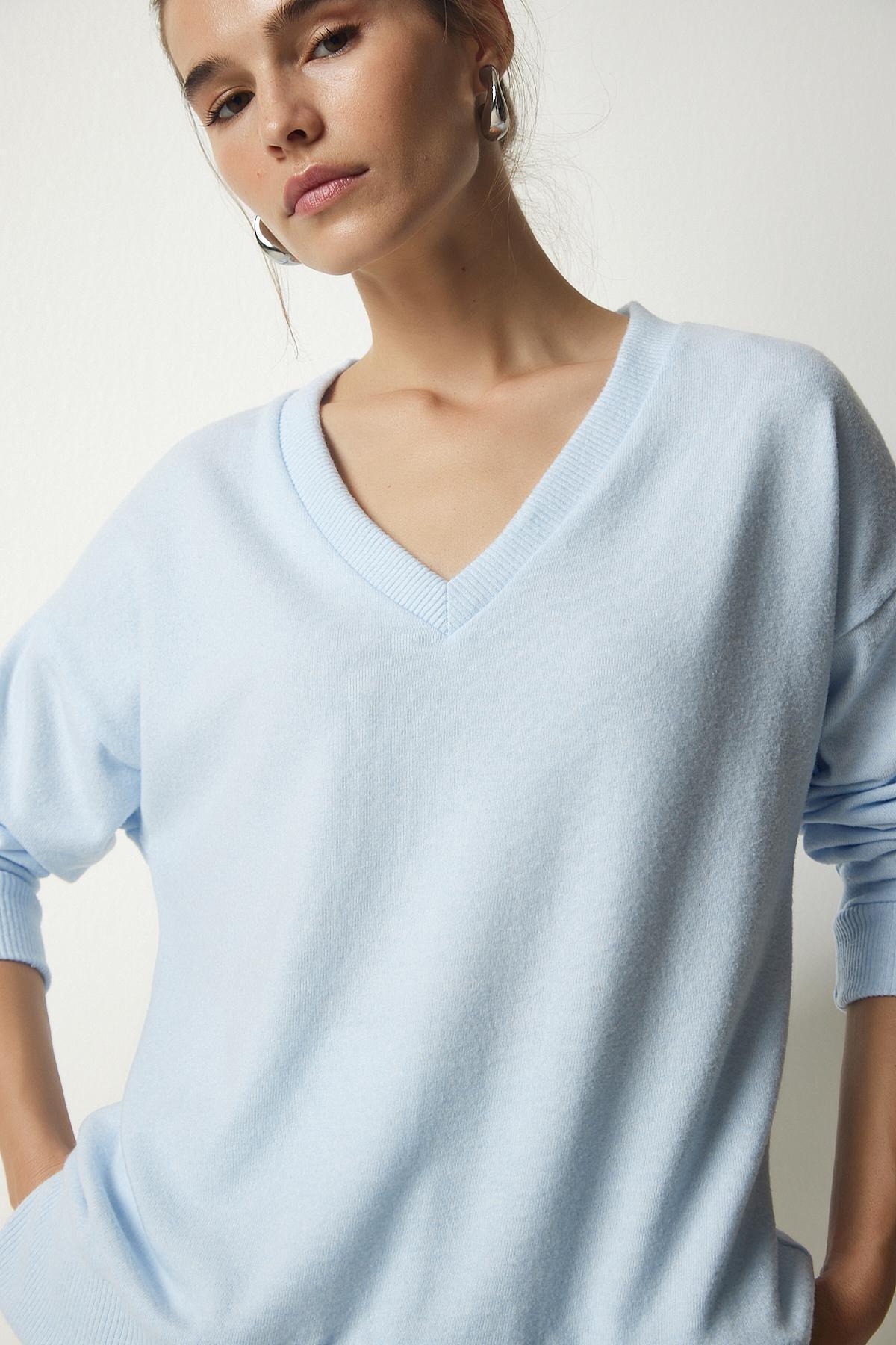 Blue V-Neck Fluffy Knitted Sweater, , large image number 2