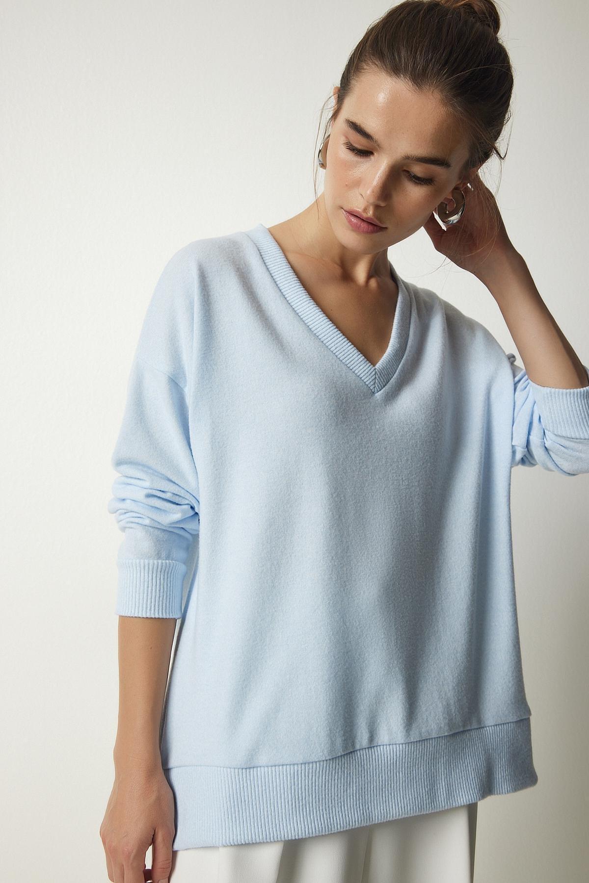 Blue V-Neck Fluffy Knitted Sweater, , large image number 4
