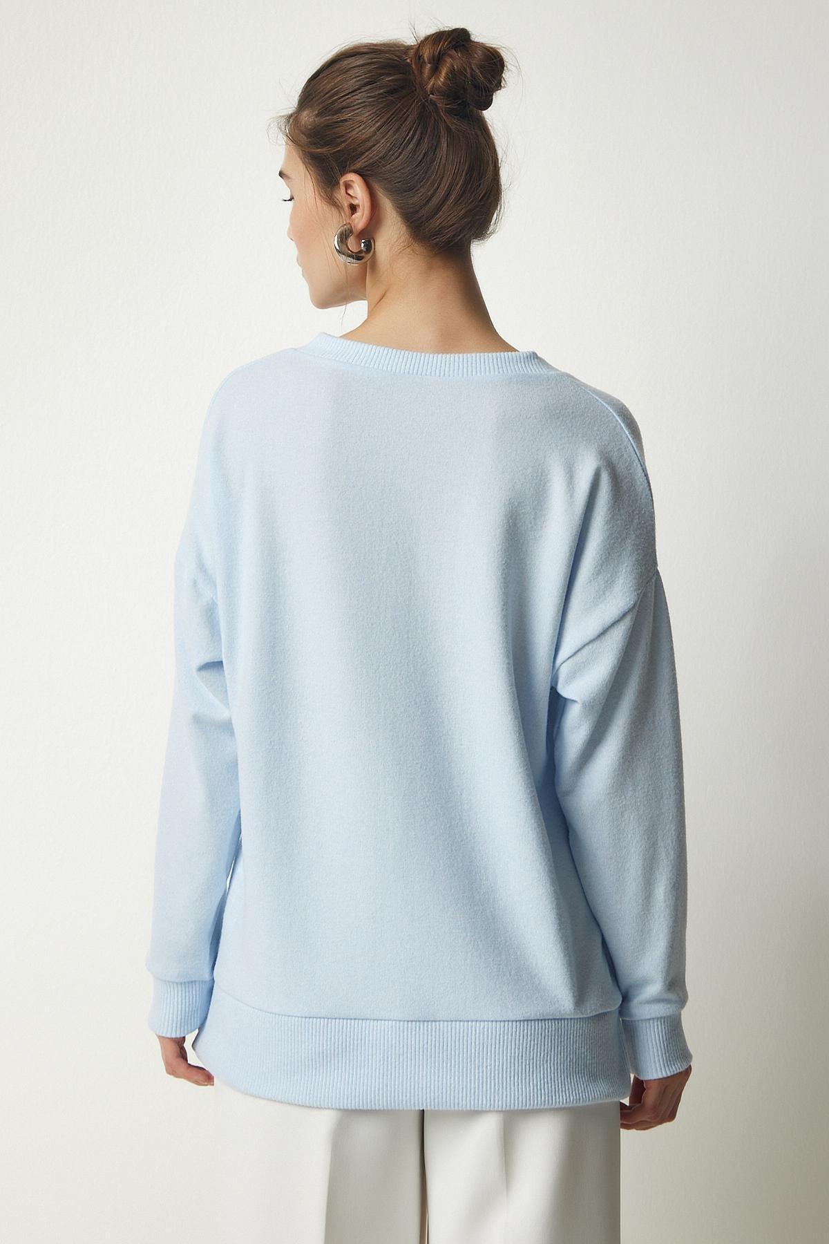 Blue V-Neck Fluffy Knitted Sweater, , large image number 5