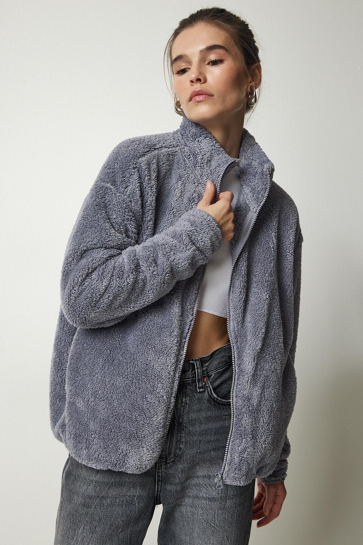Grey Zippered Plush Cardigan, C101_1653, large image number 0