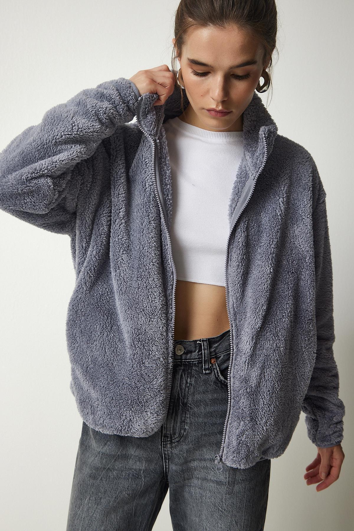 Grey Zippered Plush Cardigan, C101_1653, large image number 1