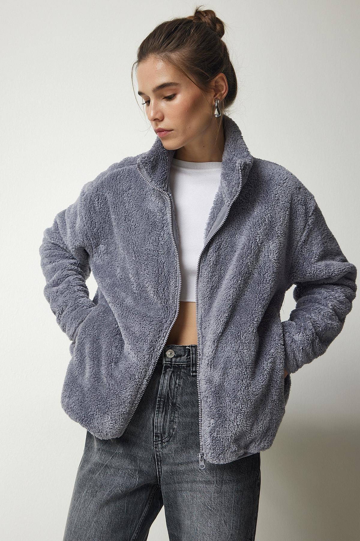 Grey Zippered Plush Cardigan, C101_1653, large image number 2