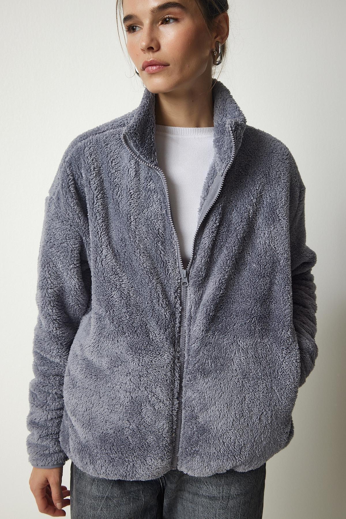 Grey Zippered Plush Cardigan, C101_1653, large image number 3