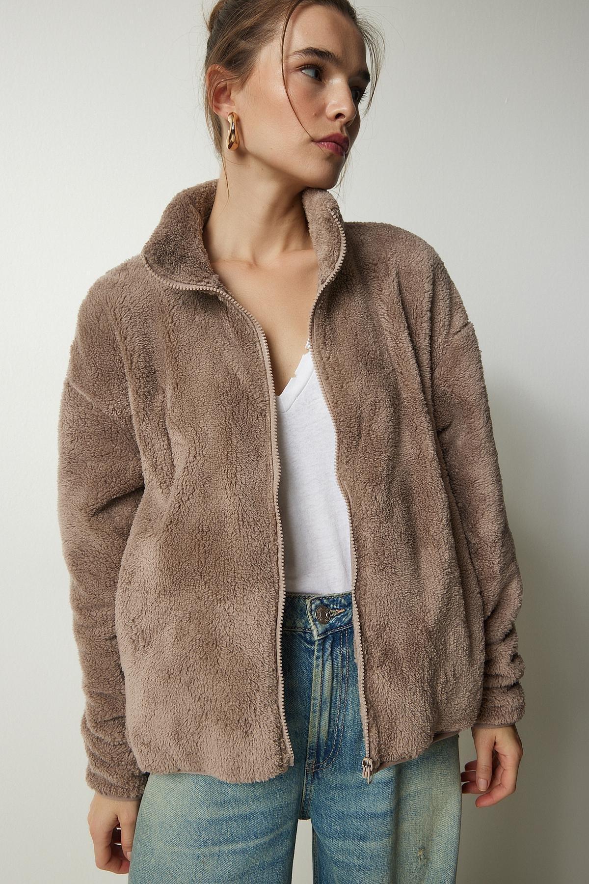 Happiness Istanbul - Brown Zippered Plush Cardigan