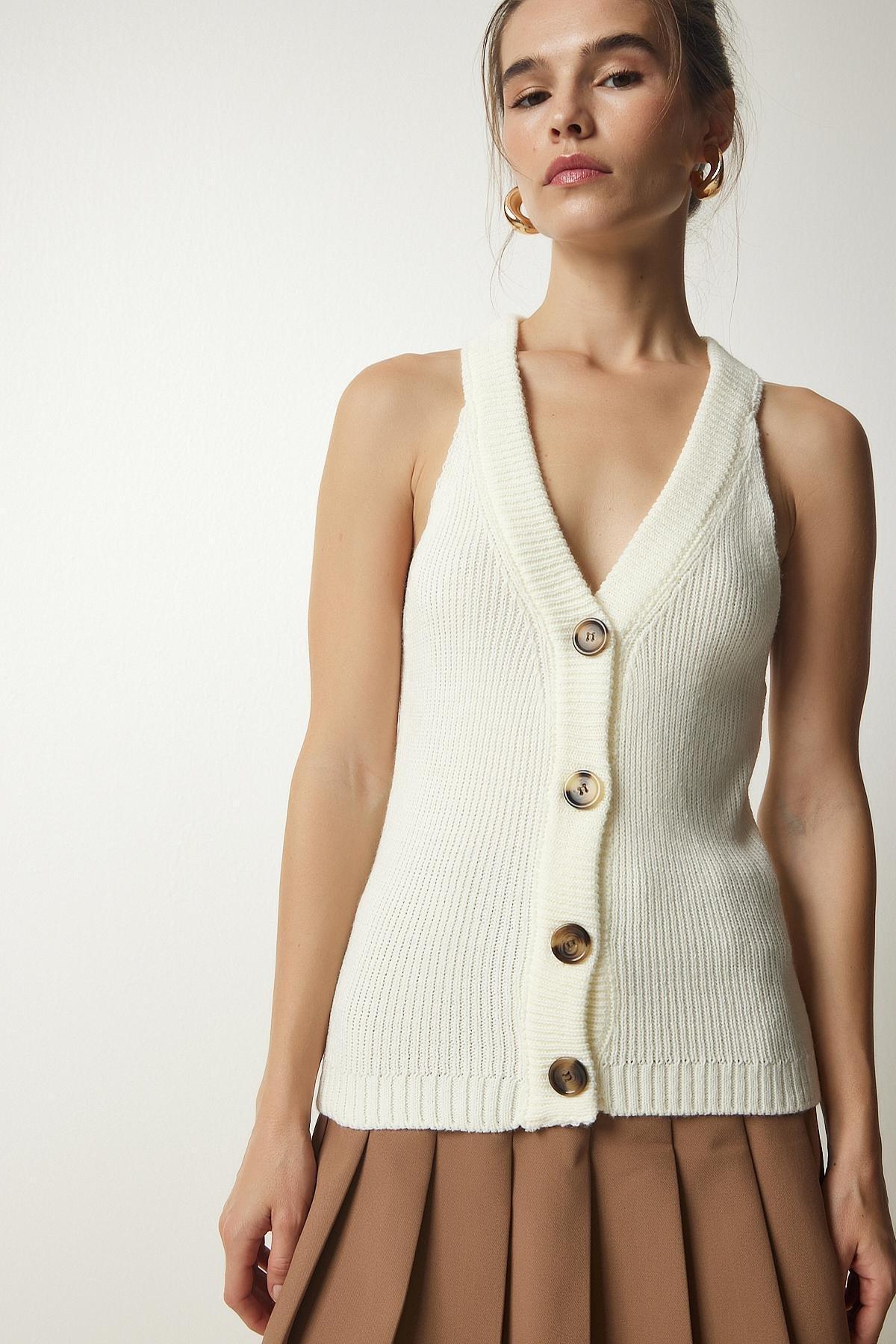 Ecru Halter Neck Buttoned Knitwear Vest, Ecru, large image number 3