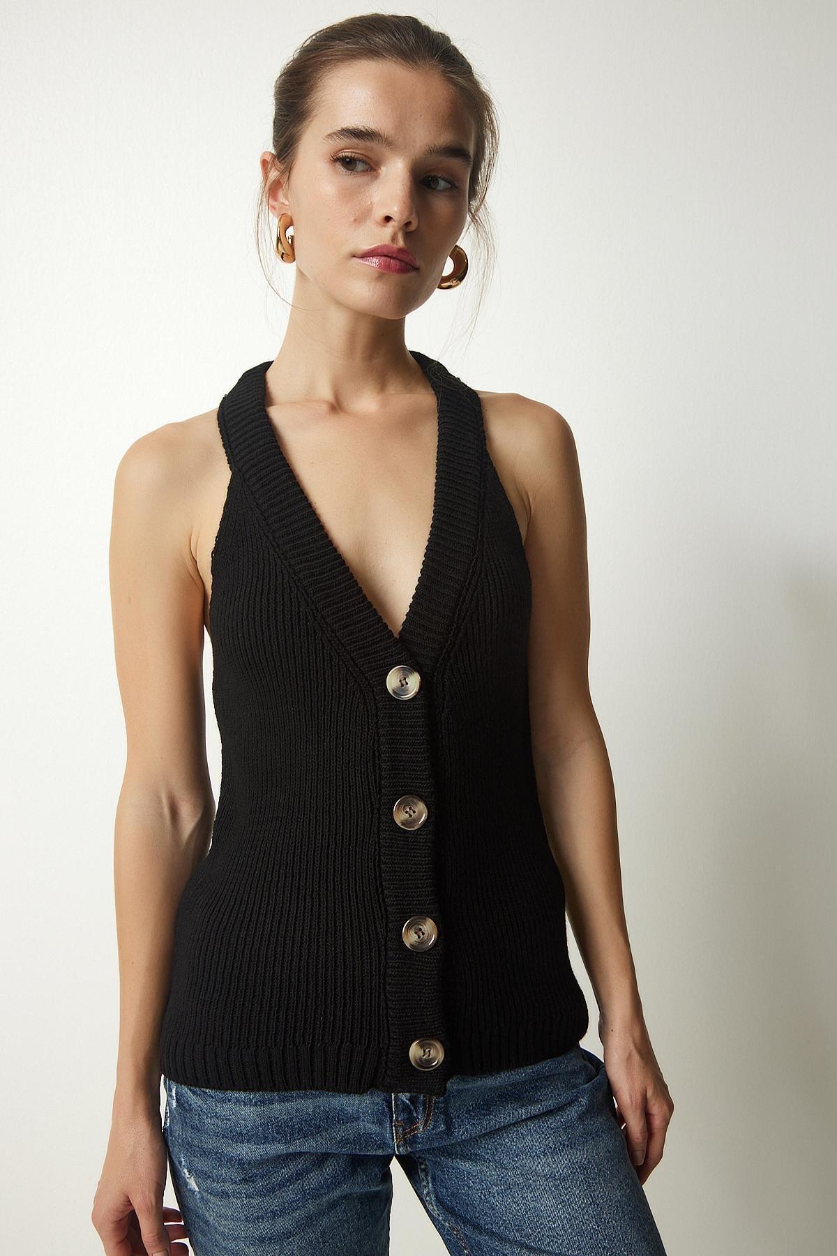 Black Halter Neck Buttoned Knitwear Vest, BLACK, large image number 1