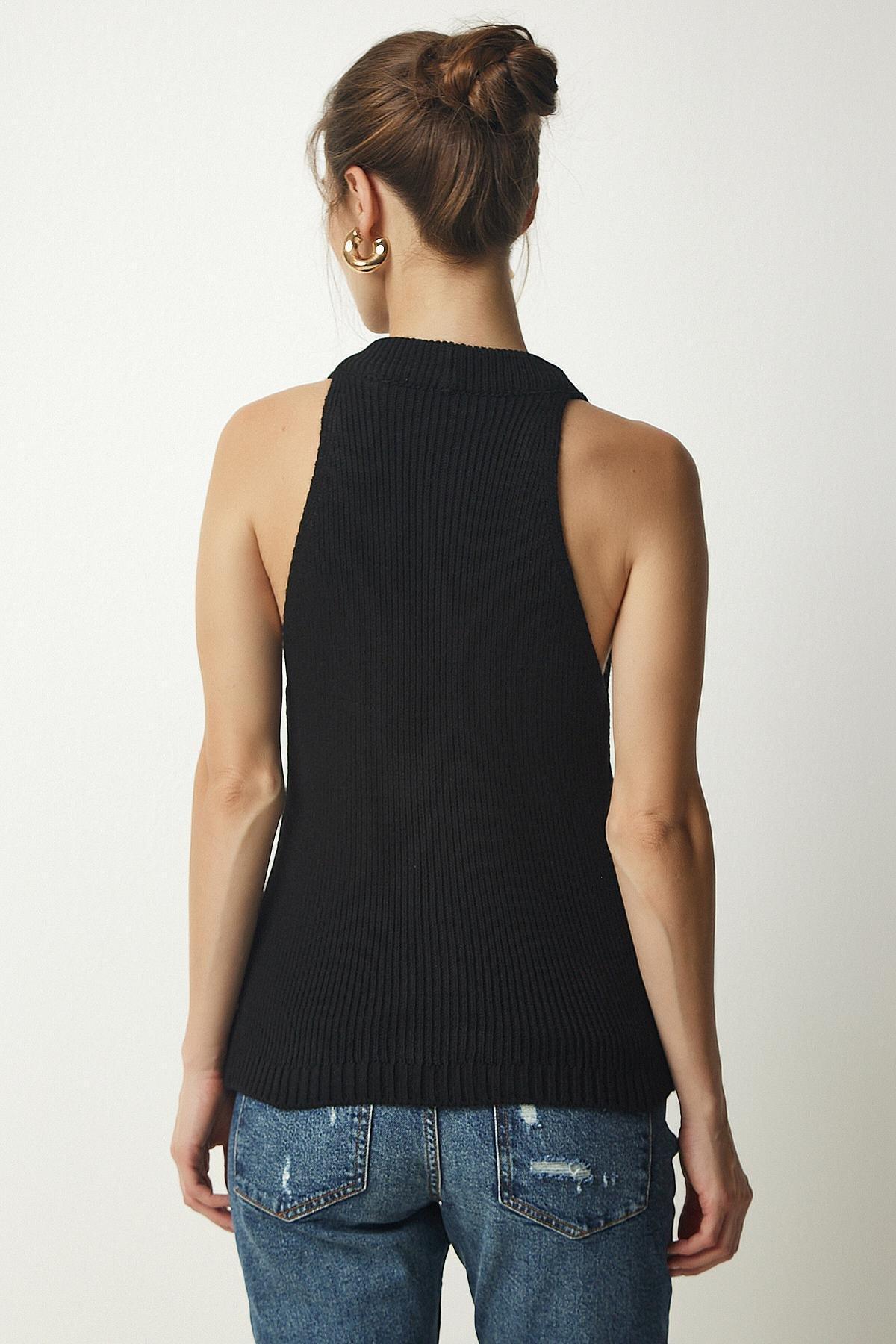 Black Halter Neck Buttoned Knitwear Vest, BLACK, large image number 4