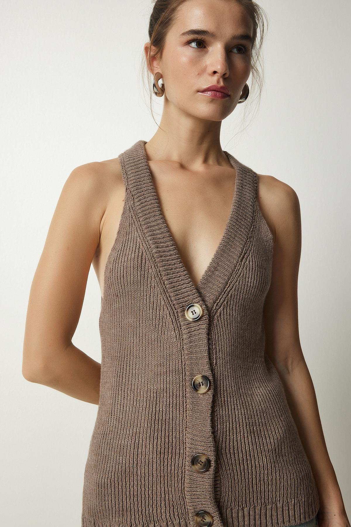 Brown Halter Neck Buttoned Vest, Mink, large image number 2